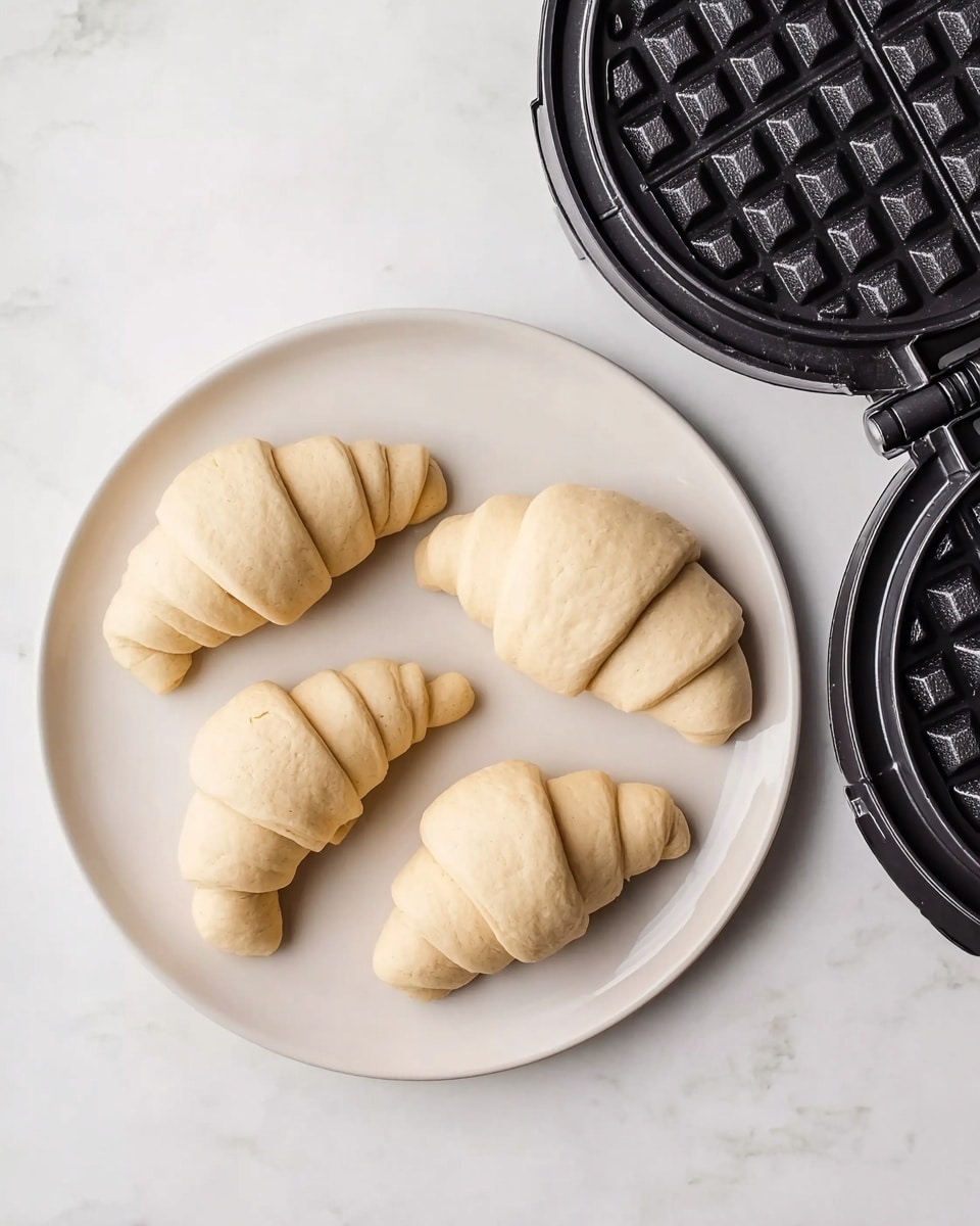 The image shows a white plate with four raw croissant dough pieces evenly spaced in a circle. Each dough piece is light beige with a smooth and soft texture, shaped into a crescent with visible rolled layers. To the right of the plate, there is a black waffle maker with an open lid, showing the grid pattern inside. The plate and waffle maker rest on a white marbled surface, adding a clean and bright background to the scene. photo taken with an iphone --ar 4:5 --v 7