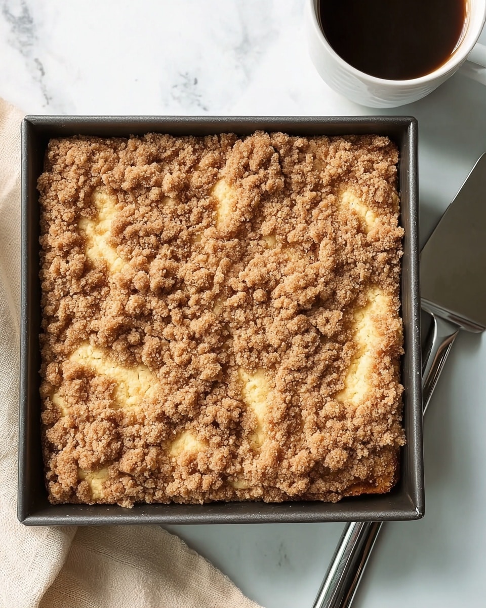 The image shows a square baking pan with a crumb cake inside. The top layer is a thick, crumbly, golden-brown streusel with a rough texture, sprinkled unevenly. Underneath, there are visible patches of soft, light yellow cake peeking through the crumb topping in a few spots. The pan sits on a white marbled surface next to a white cup filled with dark coffee and a metal spatula with a black handle on the right side. The photo taken with an iphone --ar 4:5 --v 7