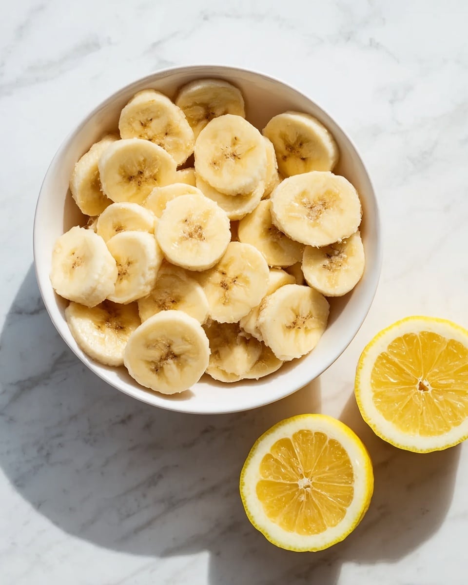 A white bowl filled fully with round banana slices, each slice showing light yellow color with faint brown spots in the center, resting on a white marbled surface. To the right of the bowl, there are two yellow lemon halves with visible juice pulp, placed upright on the same white marbled background. The lighting is bright and natural, illuminating the smooth texture of the banana slices and the slightly shiny surface of the lemon halves. Photo taken with an iphone --ar 4:5 --v 7