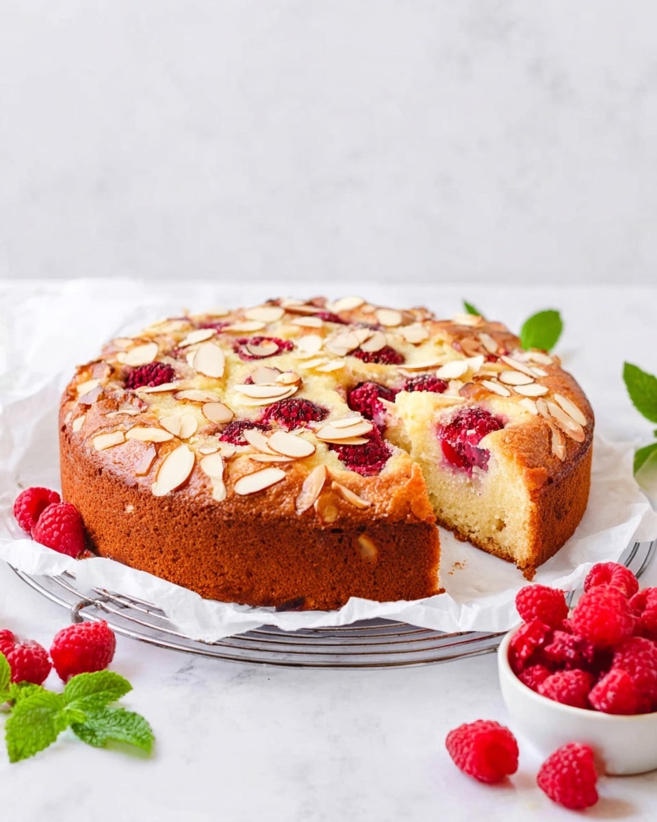 A round cake with a golden brown crust sits on white parchment paper on a round wire rack, placed on a white marbled surface. The cake has a light yellow inside with red raspberry pieces visible on top, along with a generous spread of thin almond slices scattered evenly. Around the cake, fresh red raspberries and green leaves add color, with a small white bowl filled with more raspberries to the side. The cake is cut slightly revealing its soft texture. Photo taken with an iphone --ar 4:5 --v 7