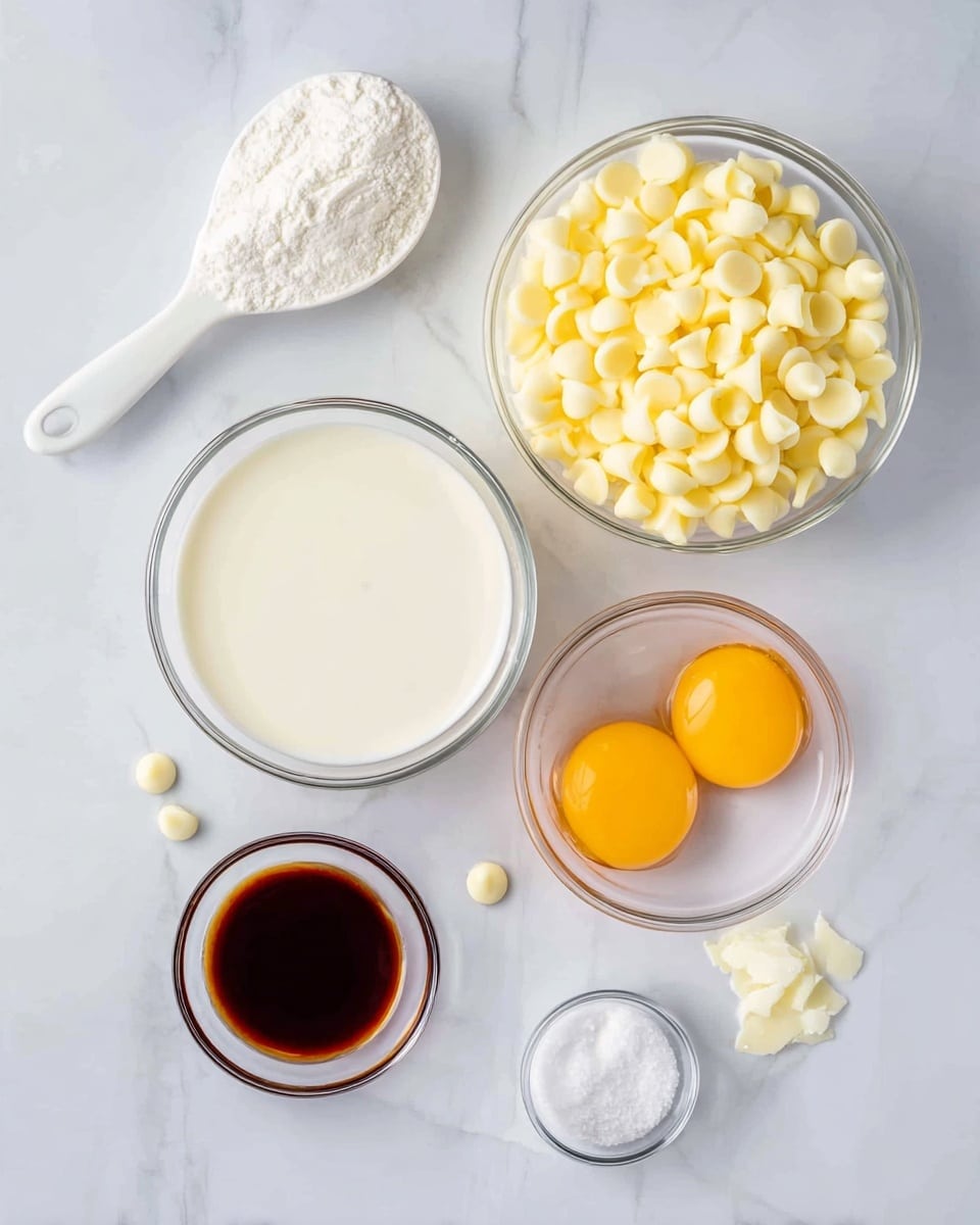 The image shows six containers with ingredients on a white marbled surface. On the top right is a clear glass bowl filled with many light yellow white chocolate chips. Below it, slightly to the right, is another clear glass bowl holding four bright yellow egg yolks. On the bottom left is a bigger clear glass bowl full of a white liquid, likely milk or cream. Above this, sitting horizontally, is a white measuring spoon filled with fine white sugar. In the center left is a small clear glass bowl of dark brown liquid, likely vanilla extract. On the bottom right is a tiny clear glass bowl with a small amount of white salt. A few white chocolate chips are scattered around the bowls. The photo taken with an iphone --ar 4:5 --v 7