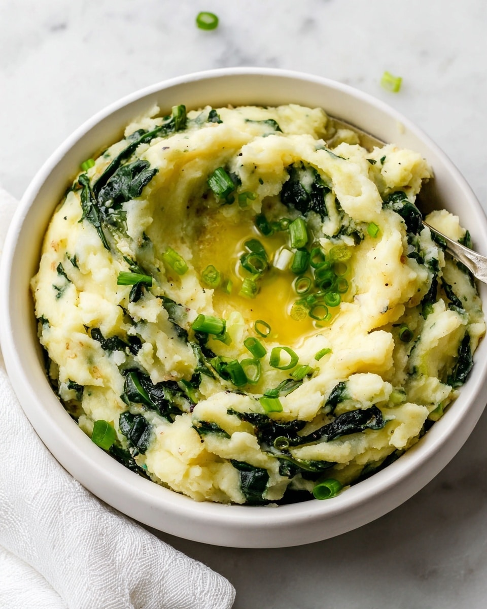 A white bowl is filled with a creamy, light yellow mashed potato mixture that has dark green kale pieces mixed throughout. On top, a small pool of melted golden butter sits in the center, surrounded by finely chopped bright green scallions scattered over the surface. The texture appears soft and slightly chunky with visible leafy bits in the mash. The bowl is placed on a white marbled surface, and a white cloth is partially visible beside it. Photo taken with an iphone --ar 4:5 --v 7