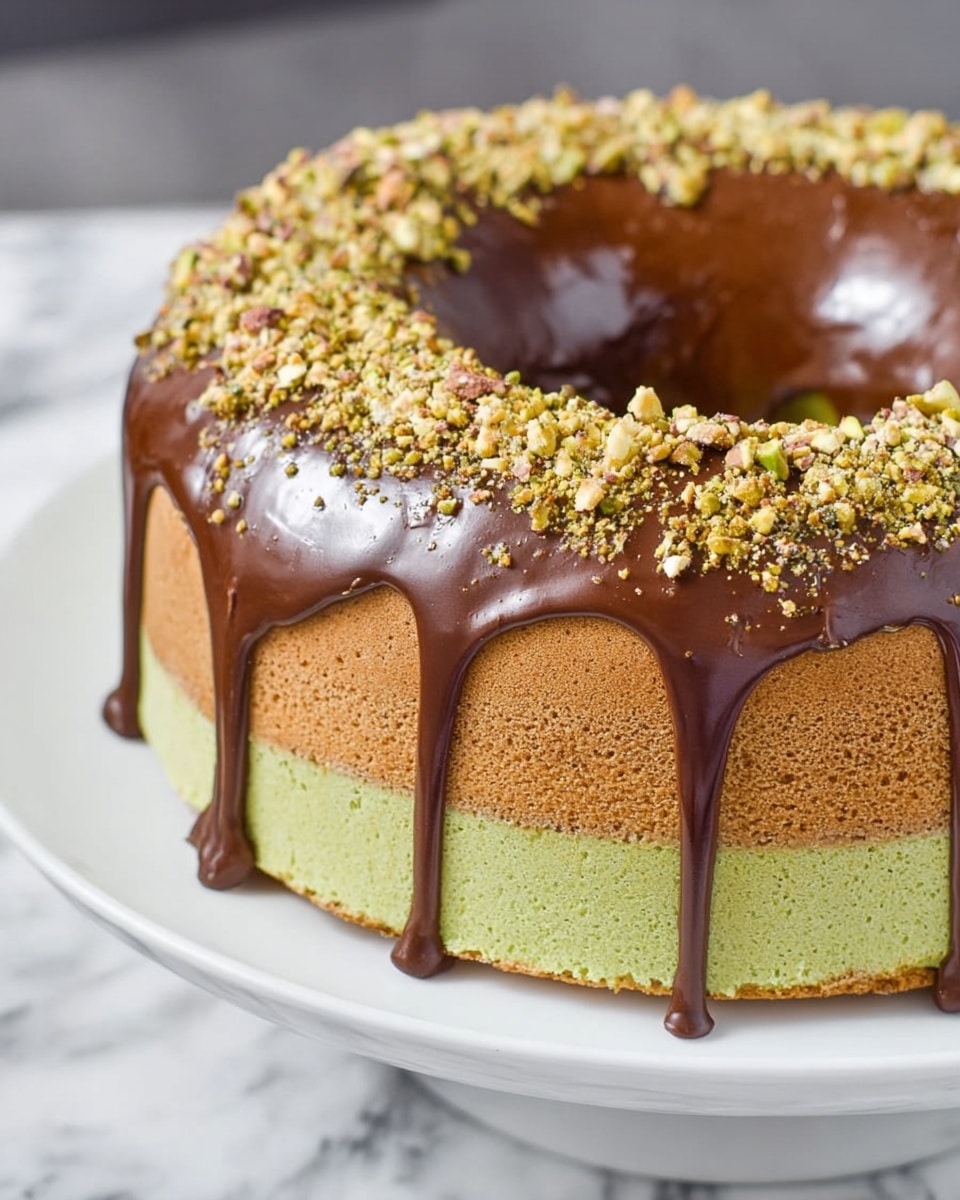 A slice of bright green cake with a soft and moist texture sits on a white plate. The cake has one layer, covered on the outside with a thick, dark chocolate frosting. The frosting is sprinkled with crushed pieces of nuts, giving a rough texture and a light brown and green color contrast along the edges. The background shows light-colored whole pistachios scattered on a white marbled surface. A silver fork rests on the plate behind the cake slice. Photo taken with an iphone --ar 4:5 --v 7