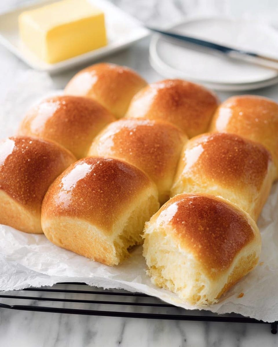A group of nine soft bread rolls with shiny, golden brown tops arranged closely on a white parchment paper over a black cooling rack, placed on a white marbled surface. One roll is pulled slightly away from the group showing its fluffy light inside. In the background, there is a white square dish with a block of yellow butter and a silver butter knife resting beside it. The overall look is bright and fresh with a warm and inviting feel. photo taken with an iphone --ar 4:5 --v 7