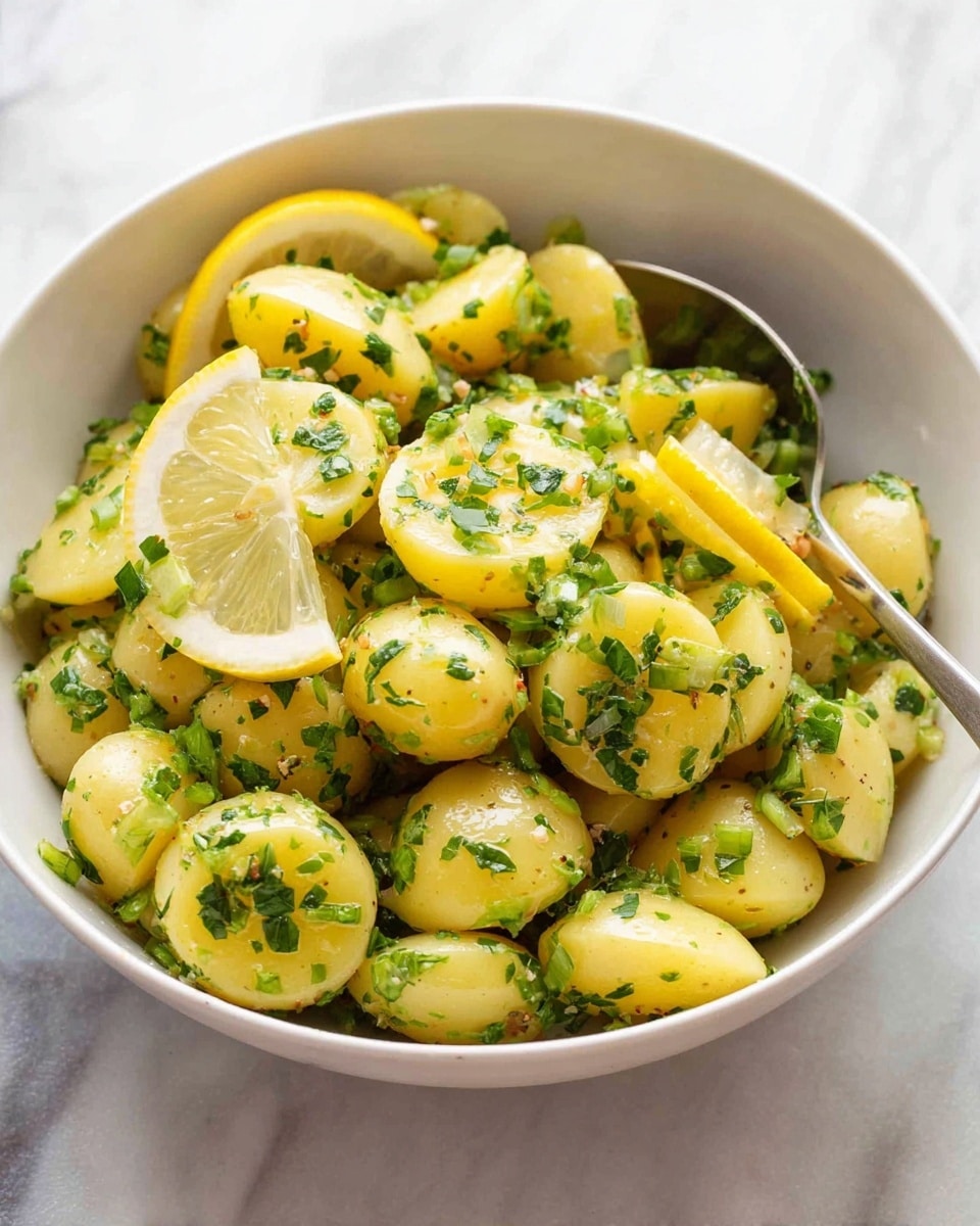 A white bowl filled with small yellow potatoes that are cut into halves and mixed with green herbs and chopped green onions. Thin slices of lemon are placed on top of the potatoes, adding a bright yellow accent. The potatoes look lightly coated with a dressing, giving them a shiny texture. The bowl is sitting on a white marbled surface. A silver spoon is placed inside the bowl, slightly visible among the potatoes. Photo taken with an iphone --ar 4:5 --v 7
