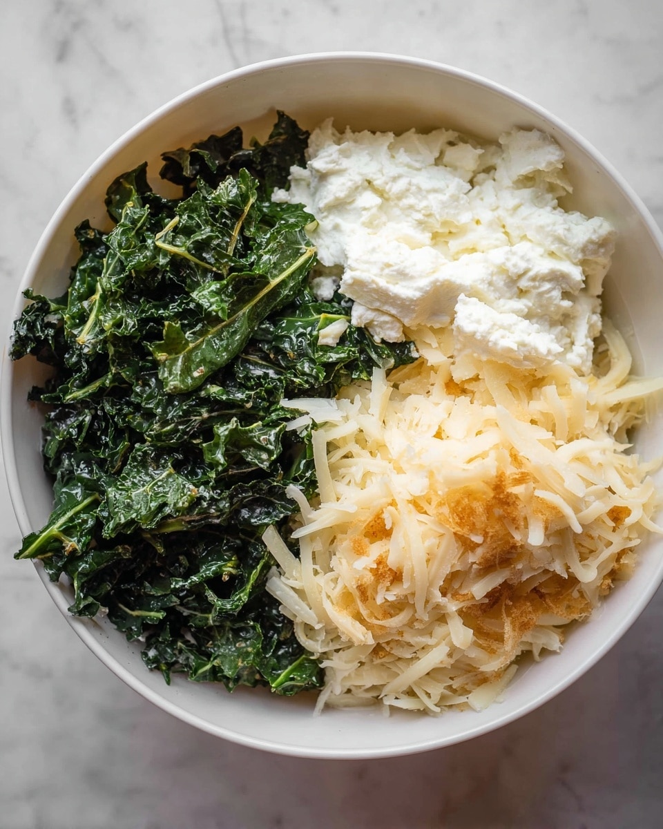 A close-up top view of a white bowl filled with three distinct layers: on the left, a pile of dark green kale leaves with a slightly glossy texture; in the middle, a soft white layer of cottage cheese with a creamy texture; and on the right, a heap of shredded pale yellow cheese with some browning on the edges. The bowl is set on a white marbled surface. photo taken with an iphone --ar 4:5 --v 7