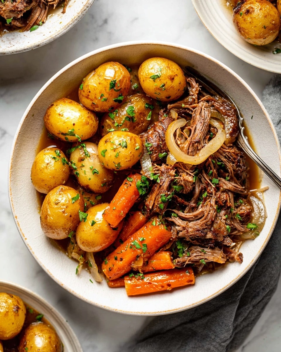 A white bowl filled with a layered dish showing soft brown shredded meat on the right side covered in a light brown sauce, whole small golden potatoes with a shiny texture on the top and left side, and bright orange carrot sticks scattered around, mixed with translucent cooked onion slices, all garnished with small green herb leaves. A silver fork rests inside the bowl on the right edge, and the bowl sits on a white marbled surface with parts of two other white dishes visible around it photo taken with an iphone --ar 4:5 --v 7