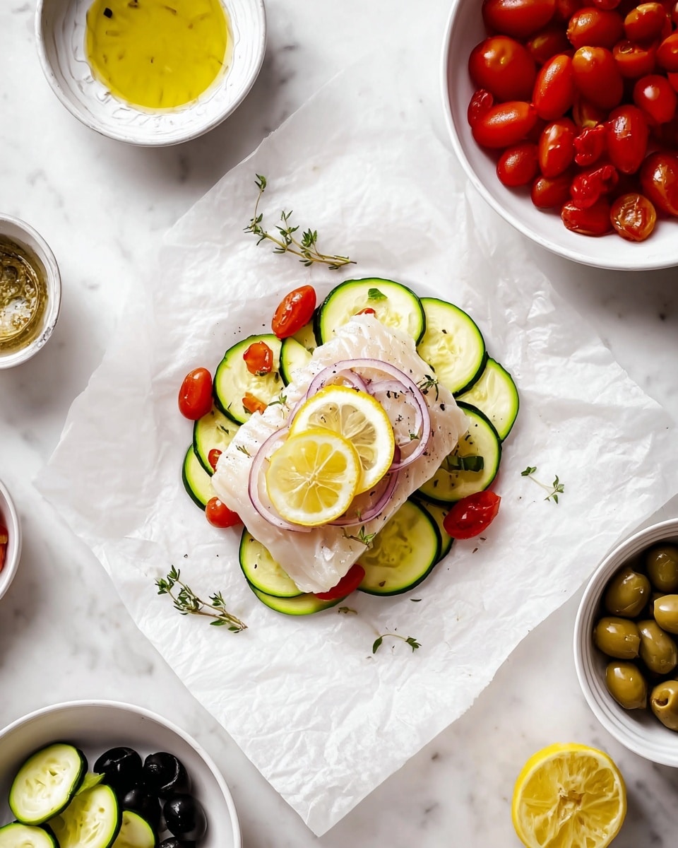 In the center of the image, there is a piece of white fish layered on top of thin, round slices of green zucchini arranged in a circular pattern. On top of the fish are two thin yellow lemon slices, several light pink shallot rings, green and black olives, and halved red cherry tomatoes scattered around the edges. A small sprig of green thyme rests on top of everything. The ingredients sit on a white parchment paper placed on a white marbled surface. Around the main stack, there are white bowls filled with halved cherry tomatoes, lemon slices, sliced shallots, black and green olives, olive oil, and more sliced zucchini in round shapes. photo taken with an iphone --ar 4:5 --v 7