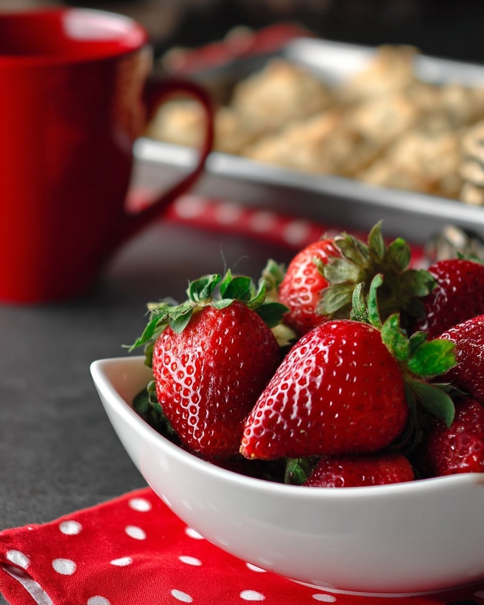 A white bowl filled with bright red strawberries with green leaves on top, showing a shiny, smooth texture on the fruit. Behind the bowl, there is a blurred silver baking tray with crumbly baked cookies and a red mug. The setting is on a dark surface with a red cloth with white polka dots at the edge. The photo is sharp and close up, focusing on the strawberries in the bowl. Photo taken with an iphone --ar 4:5 --v 7