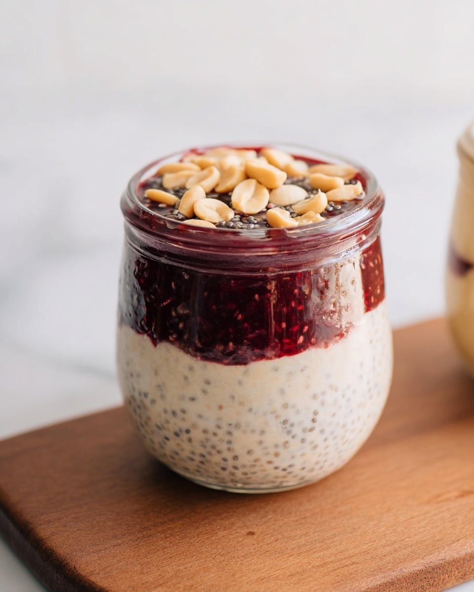 A small glass jar shows a three-layered dessert. The bottom layer is a creamy white mixture with small dark chia seeds spread evenly. The middle layer is a thick, dark red jam with visible seeds and a shiny texture. The top layer is the same creamy chia seed mix as the bottom but thinner and topped with light brown peanuts scattered over the surface. The jar sits on a smooth wooden board, and the background is a white marbled texture. photo taken with an iphone --ar 4:5 --v 7