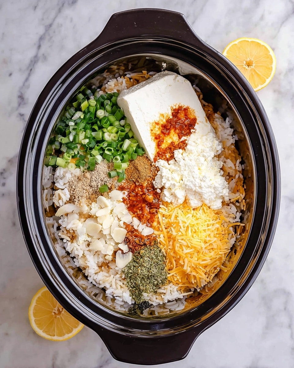 A black slow cooker filled with layers of ingredients on a white marbled surface, including cooked white and brown rice forming the base, topped with a large white block of cream cheese placed near the center-right, chopped bright green onions to the right side, shredded yellow and white cheese towards the bottom, dollops of sour cream and orange sauce mixed with brown and reddish spices, minced garlic sprinkled on top, all arranged neatly without mixing, and a halved bright yellow lemon placed nearby on the surface photo taken with an iphone --ar 4:5 --v 7