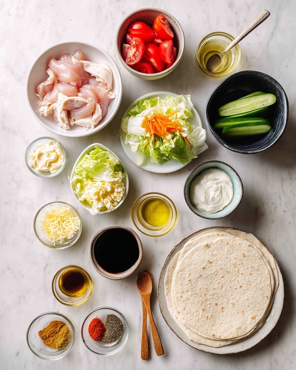 A flat layout on a white marbled surface shows fresh ingredients for a meal. There is a large plain tortilla on the bottom right. Near the center, a white bowl holds raw pale pink chicken slices. Above it, a white bowl contains bright red tomato wedges. To the right of the chicken, a black bowl holds dark green cucumber sticks. Next to it, a small white oval dish has light green and orange lettuce and carrot slices. Scattered around are small clear bowls with creamy yellow mayonnaise, light yellow shredded cheese, and white yogurt. There are two small wooden spoons with dark green and yellow powders. A few small dishes hold dark soy sauce, light oil, beige sauce, and different colorful spices arranged on a round white plate. photo taken with an iphone --ar 4:5 --v 7