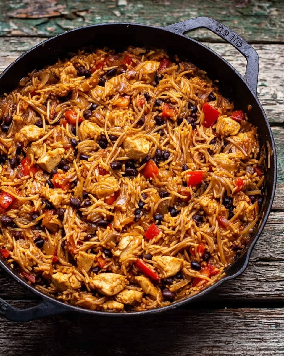 A close-up view of a black cast iron pan filled with a mixed dish of rice and noodles that are brown in color, evenly spread out within the pan. The dish includes visible chunks of light brown cooked chicken pieces, small black beans, and bright red bell pepper pieces scattered throughout. The texture of the rice and noodles looks slightly sticky but well-cooked, with the ingredients mixed evenly. The pan is placed on a rough wooden surface. photo taken with an iphone --ar 4:5 --v 7