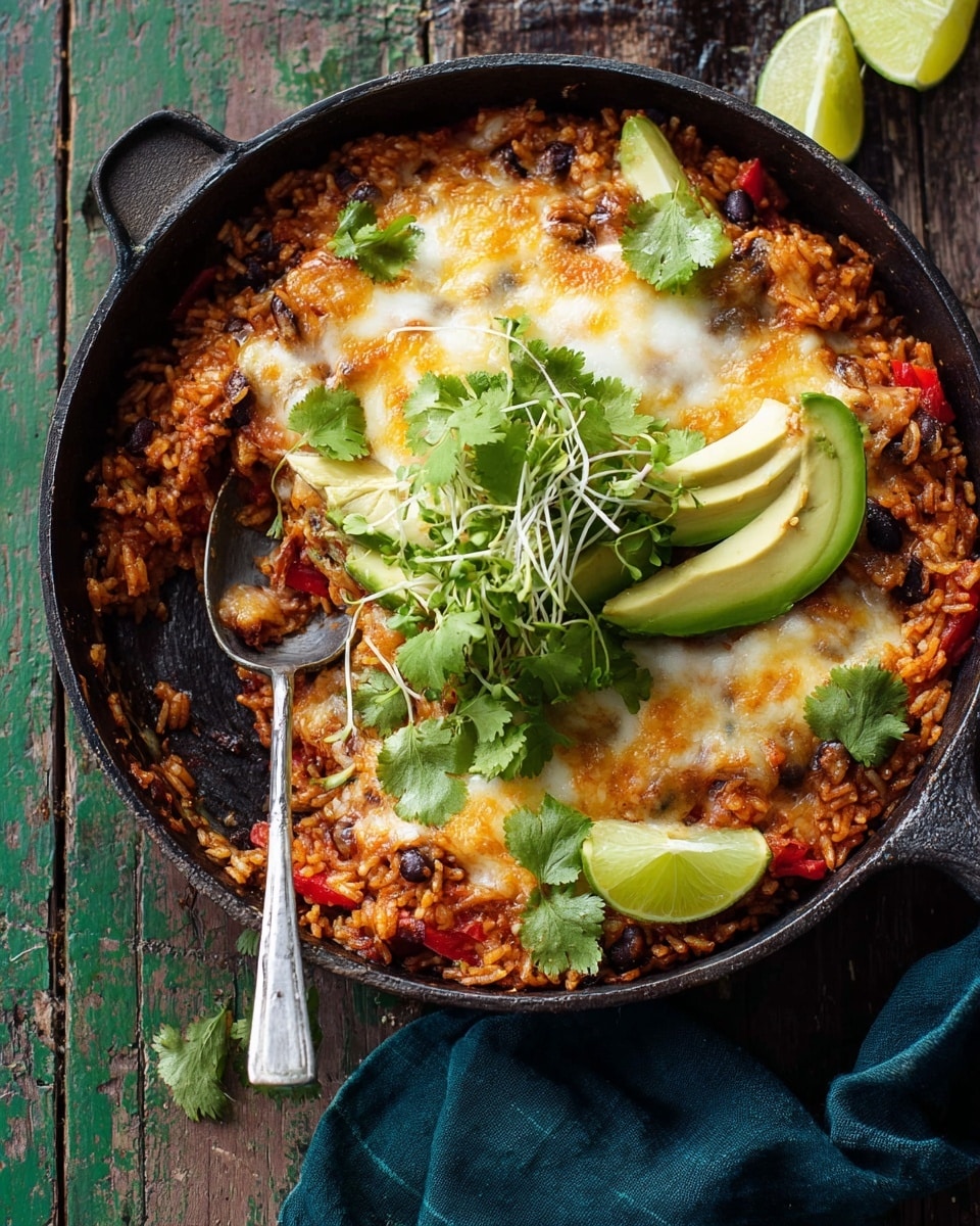 This image shows a close-up of a white pan filled with a layered dish. The bottom layer is made of mixed rice with black beans and pieces of red pepper scattered throughout. Above the rice layer is a melted cheese topping that is golden brown in places, adding a bubbly texture. On top, there are chunks of avocado and some green leafy cilantro placed near the center. A half lime slice rests on the cheese. A spoon with some rice and cheese on it is partially placed inside the pan. The whole scene is set on a white marbled surface, with a dark blue cloth visible at the bottom right corner. Photo taken with an iphone --ar 4:5 --v 7