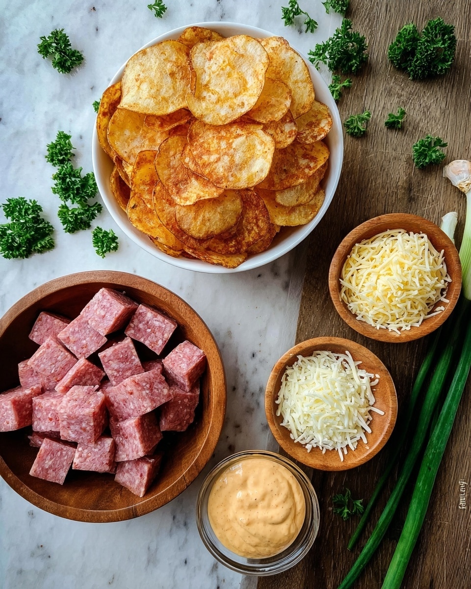 A top view of a white bowl full of golden brown, crispy potato chips sitting on a wooden surface with scattered parsley leaves around. Below it, a larger wooden bowl holds small, neat cubes of pink salami. To its right, a smaller wooden bowl is filled with shredded light yellow cheese, while another wooden bowl beneath it contains finely chopped white onions. A small glass container of creamy orange sauce with a smooth texture sits to the right, accompanied by some fresh parsley sprigs and two green onions lying on the surface. The wooden surface is replaced by a white marbled texture. photo taken with an iphone --ar 4:5 --v 7