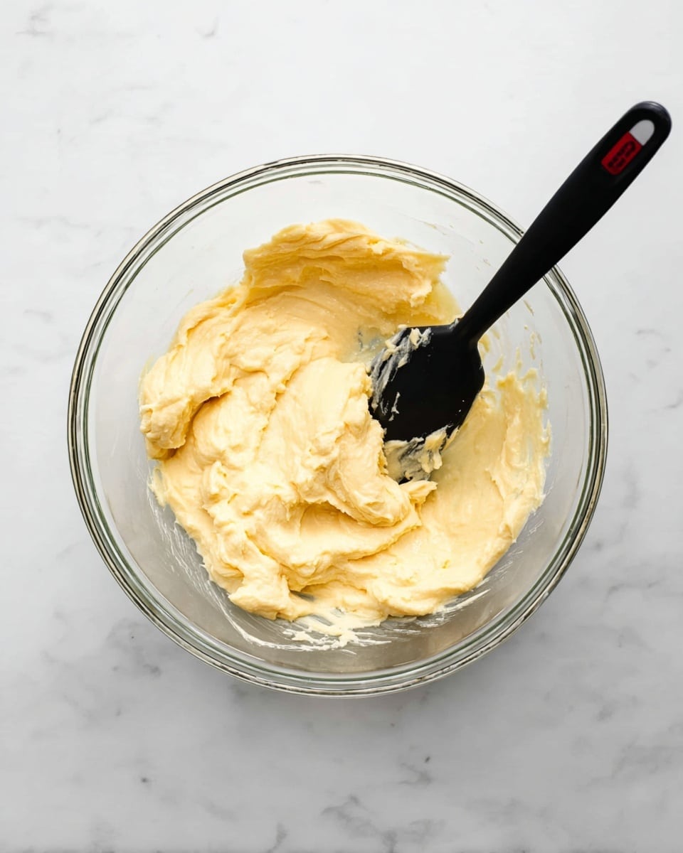 A clear glass bowl containing a creamy, pale yellow mixture with smooth and slightly lumpy texture sits on a white marbled surface. A black spatula with a shiny surface is partially inserted into the mixture, showing the creamy texture beneath. The overall look suggests a soft, thick batter or dough being gently stirred. photo taken with an iphone --ar 4:5 --v 7