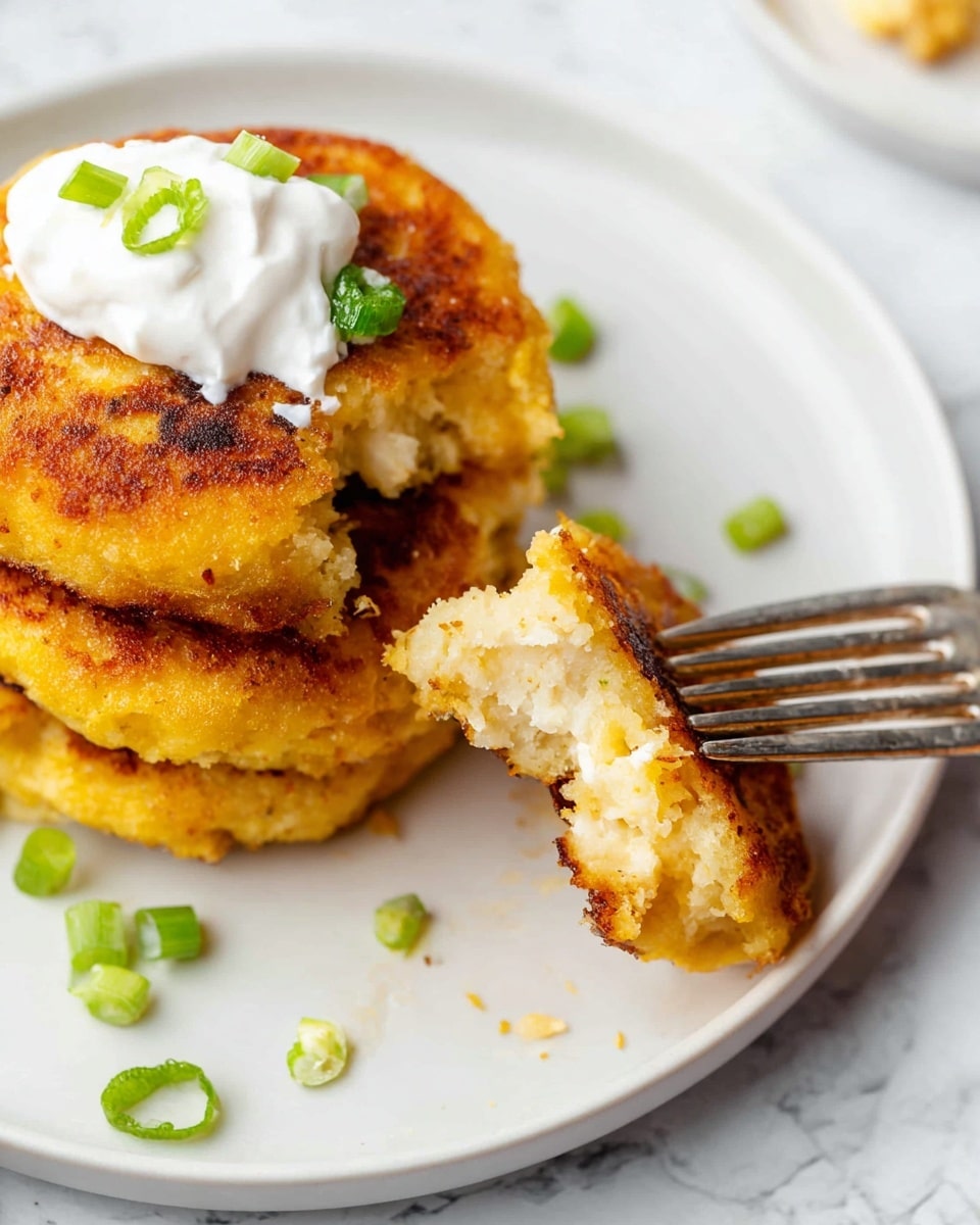 A close-up view of three golden brown patties stacked on a white plate, showing a crispy and slightly rough texture on the outside. One patty is held by a silver fork on the right side, revealing a soft, light yellow inside. On top of the stack, there is a dollop of white sour cream with a few green chopped scallions sprinkled around the plate for garnish. The background is a white marbled surface. photo taken with an iphone --ar 4:5 --v 7