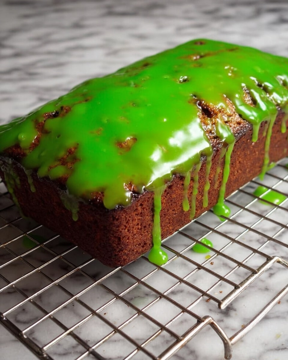 A rectangular brown cake with a rough texture sits on a metal cooling rack over a white marbled surface. The top of the cake is covered in a shiny, thick layer of bright green glaze that drips over the sides unevenly, creating small pools on the surface below. The cake appears moist with a slightly cracked top under the glaze. Photo taken with an iphone --ar 4:5 --v 7
