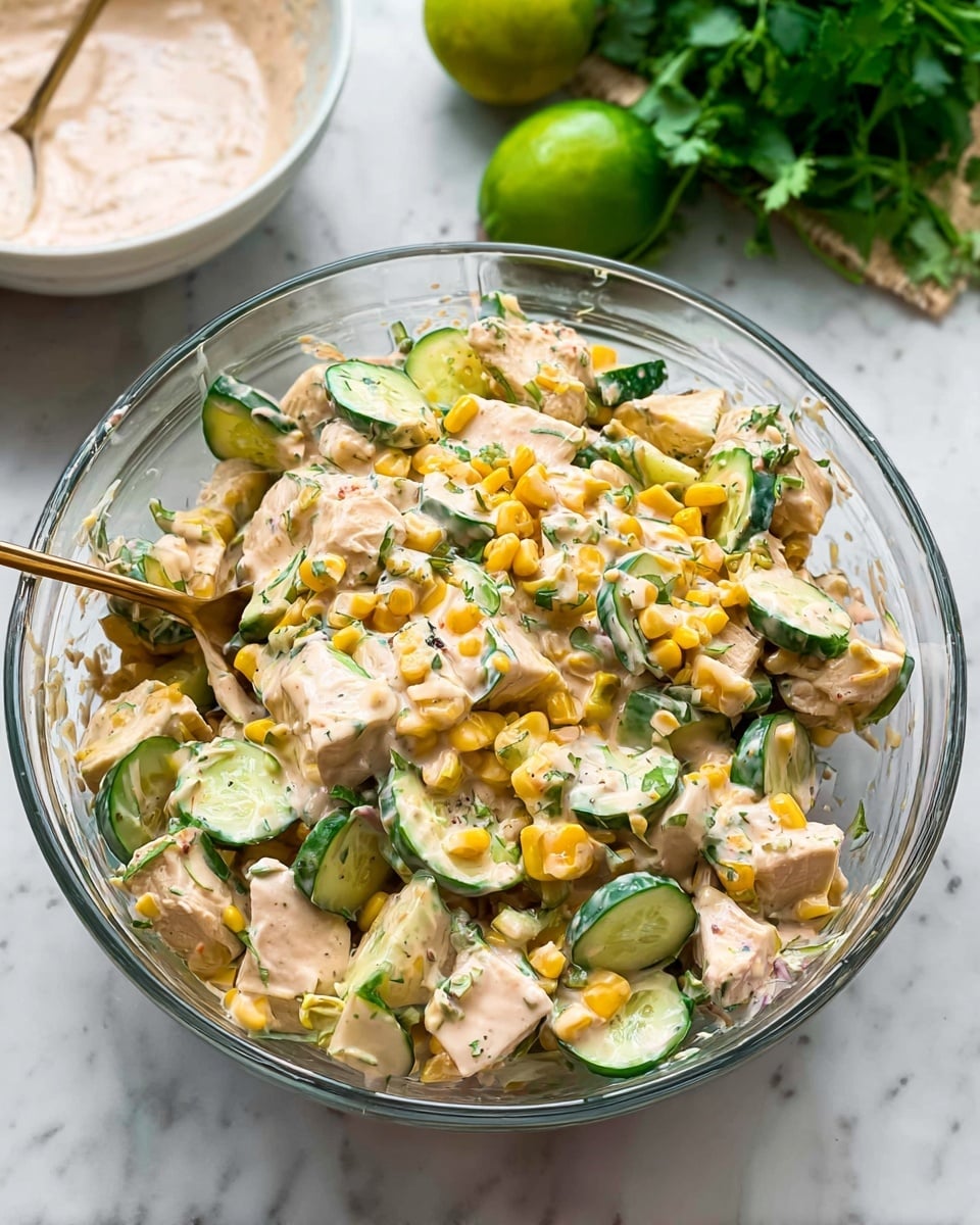 The image shows a clear glass bowl filled with a creamy salad. The salad has three main layers: soft white chunks of chicken, bright yellow corn kernels, and green cucumber slices with dark green skin. Small pieces of red onion and chopped herbs are mixed throughout, giving touches of purple and green. The creamy dressing coats the ingredients, making them look smooth and slightly shiny. The bowl sits on a white marbled surface. photo taken with an iphone --ar 4:5 --v 7