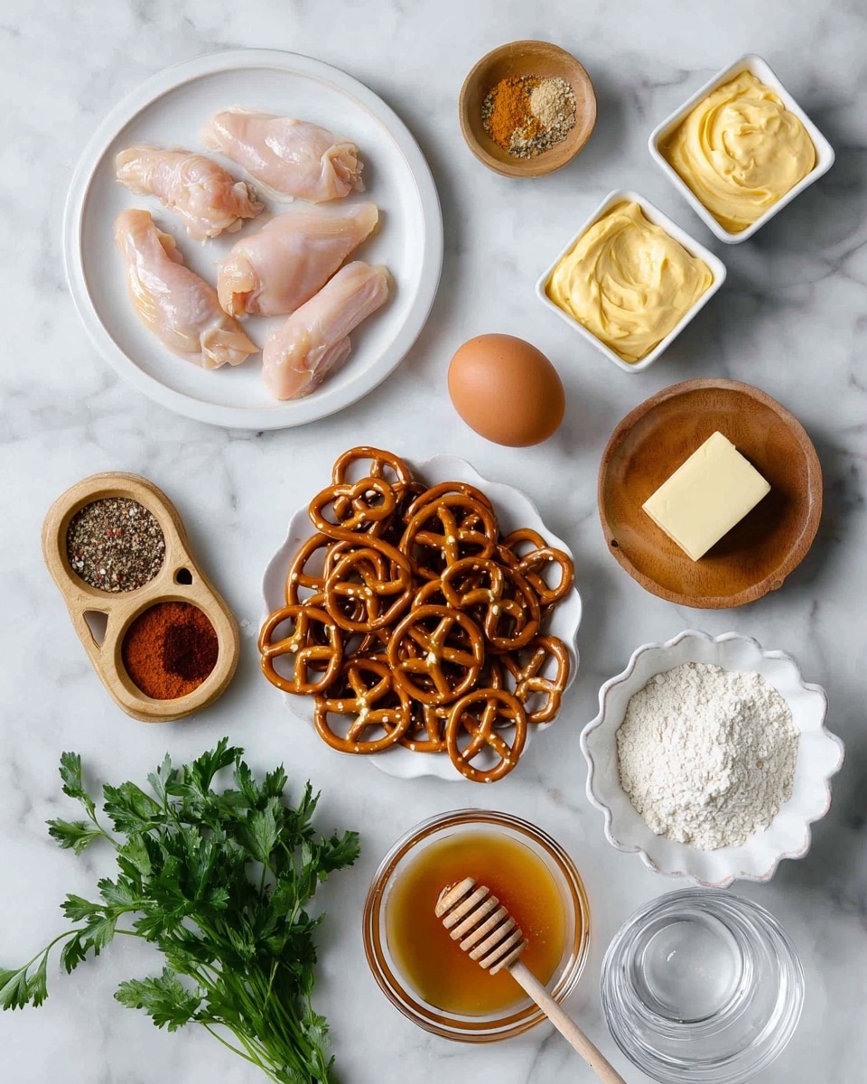 The image shows ingredients arranged on a white marbled surface. At the top left, three pieces of raw pale pink chicken sit on a white plate. To the right, two small white square bowls hold creamy light yellow mayonnaise and thick yellow mustard. Below them, a white bowl overflows with small, shiny, brown pretzels, with more pretzels scattered around it. Near the center, one brown speckled egg rests beside a small wooden bowl with a square of pale yellow butter. To the left, a small clear bowl contains a dark reddish-brown spice, while a wooden dish holds a mix of white salt, black pepper, and other spices in shades of brown and red. Below, a white scalloped bowl holds amber honey with a wooden honey dipper. A bunch of bright green parsley lies next to a clear glass bowl filled with white flour. Finally, a small clear glass with a bit of water is near the bottom right corner. Photo taken with an iphone --ar 4:5 --v 7