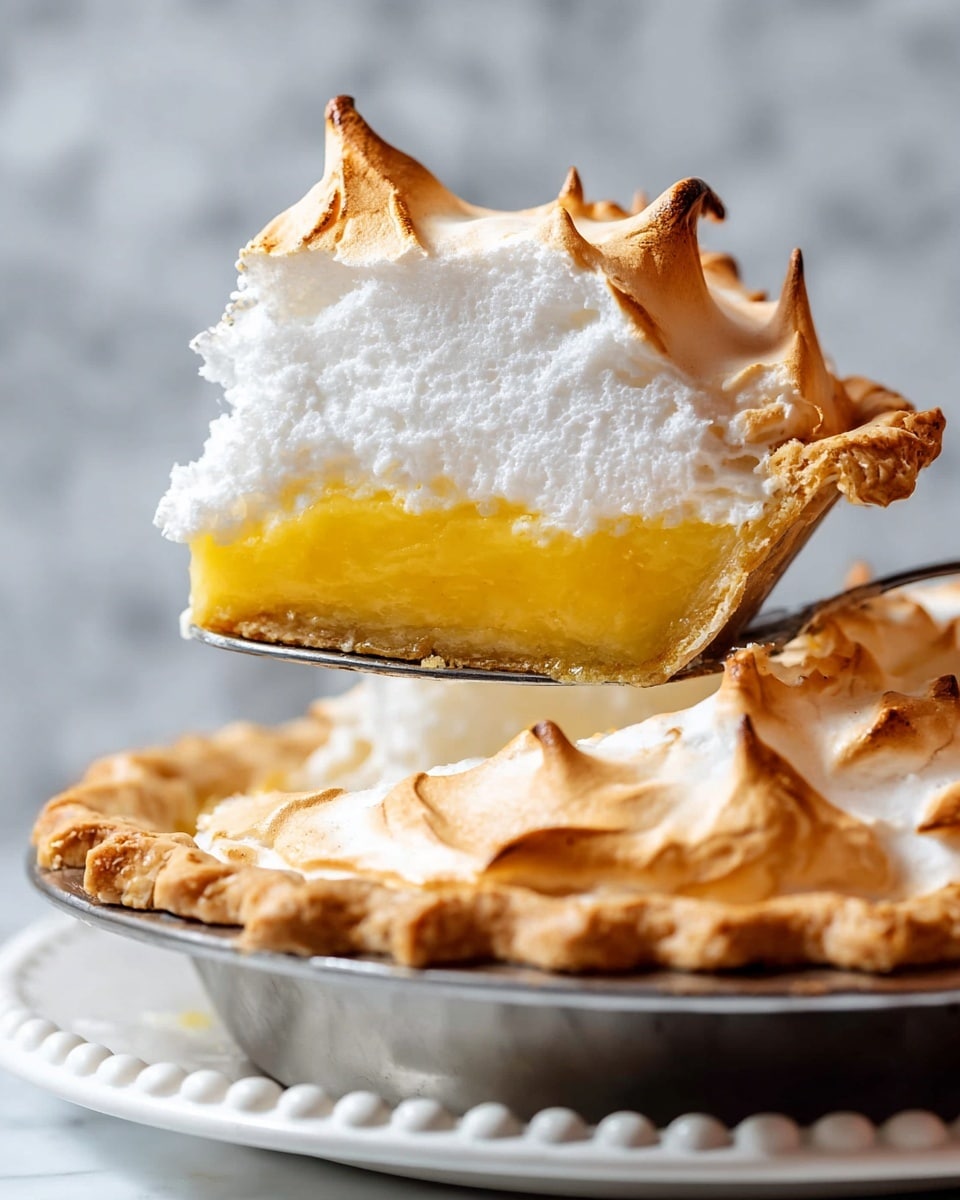 A slice of pie on a white plate shows three clear layers: a bottom golden brown crust that looks crisp and slightly crumbly, a thick middle layer of smooth yellow lemon filling with a creamy texture, and a tall, fluffy top layer of white meringue with soft peaks and lightly browned edges. The pie slice sits on a white marbled surface with a metal fork nearby and a clear glass of bubbly water in the background. photo taken with an iphone --ar 4:5 --v 7