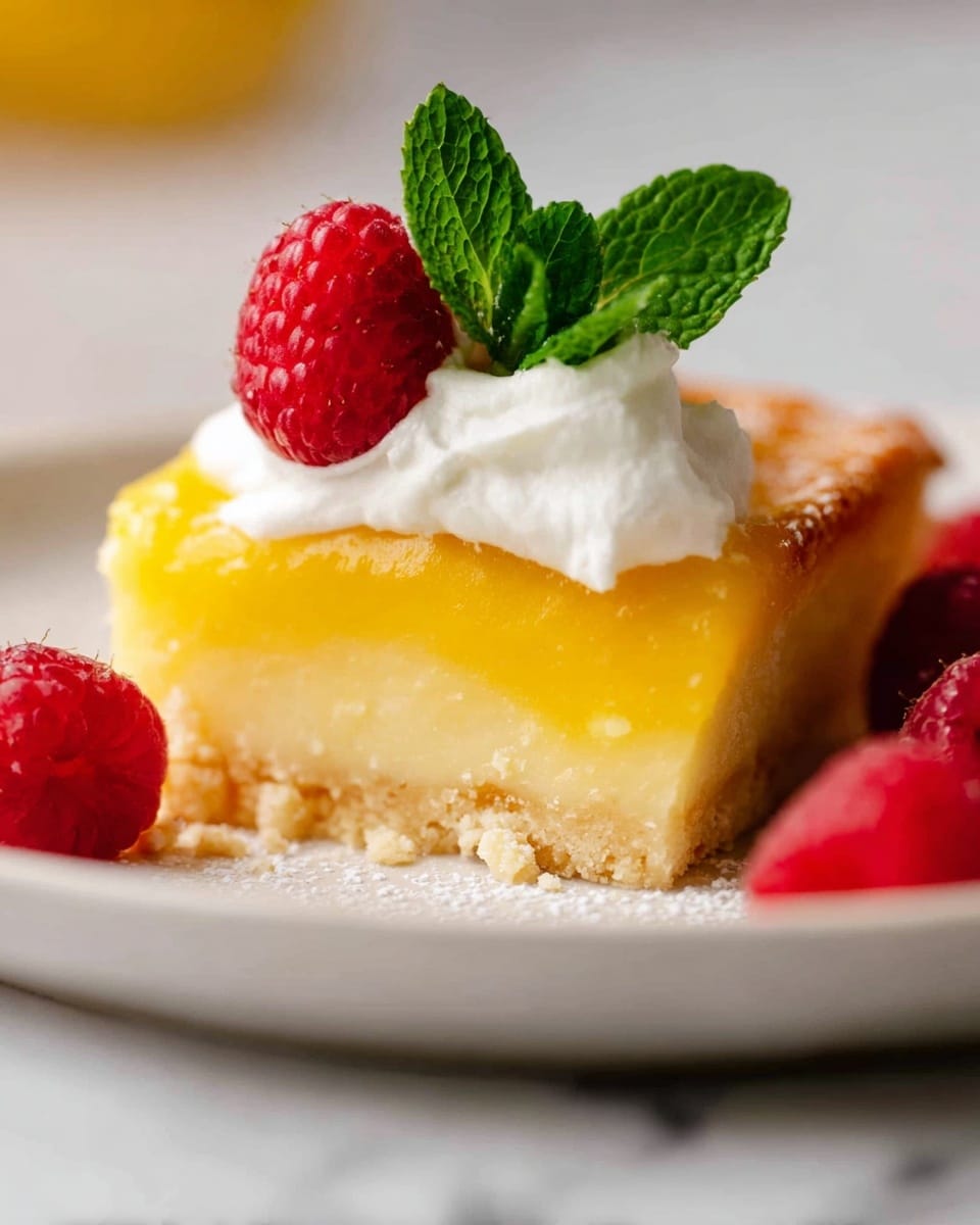A slice of lemon bar is shown on a white plate with white marbled texture underneath. The dessert has three layers: a bottom light beige crumbly crust, a thick middle layer of bright yellow lemon filling, and a top dollop of white cream. A fresh red raspberry and two green mint leaves are placed on top of the cream. Around the slice on the plate are a few loose raspberries. Photo taken with an iphone --ar 4:5 --v 7