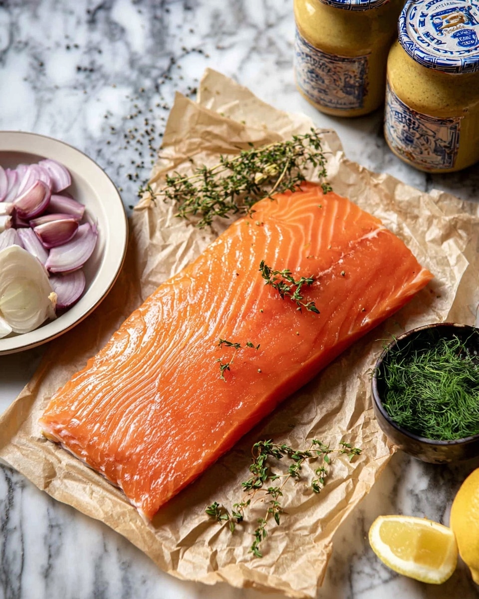 A bright orange piece of raw salmon lays flat on crumpled light brown parchment paper, with visible smooth and slightly shiny texture and thin lines of the fish's natural pattern. On top of the salmon, there are a few small green sprigs of thyme. To the bottom left, there is a white plate holding sliced shallots with a light purple color and some green leafy dill. To the right of the salmon, a small dark bowl holds fresh green thyme and two lemon wedges with yellow rind and pale inside. In the back, there are two glass jars of mustard with yellow contents and white lids featuring blue and red writing, all set on a white marbled surface. Photo taken with an iphone --ar 4:5 --v 7