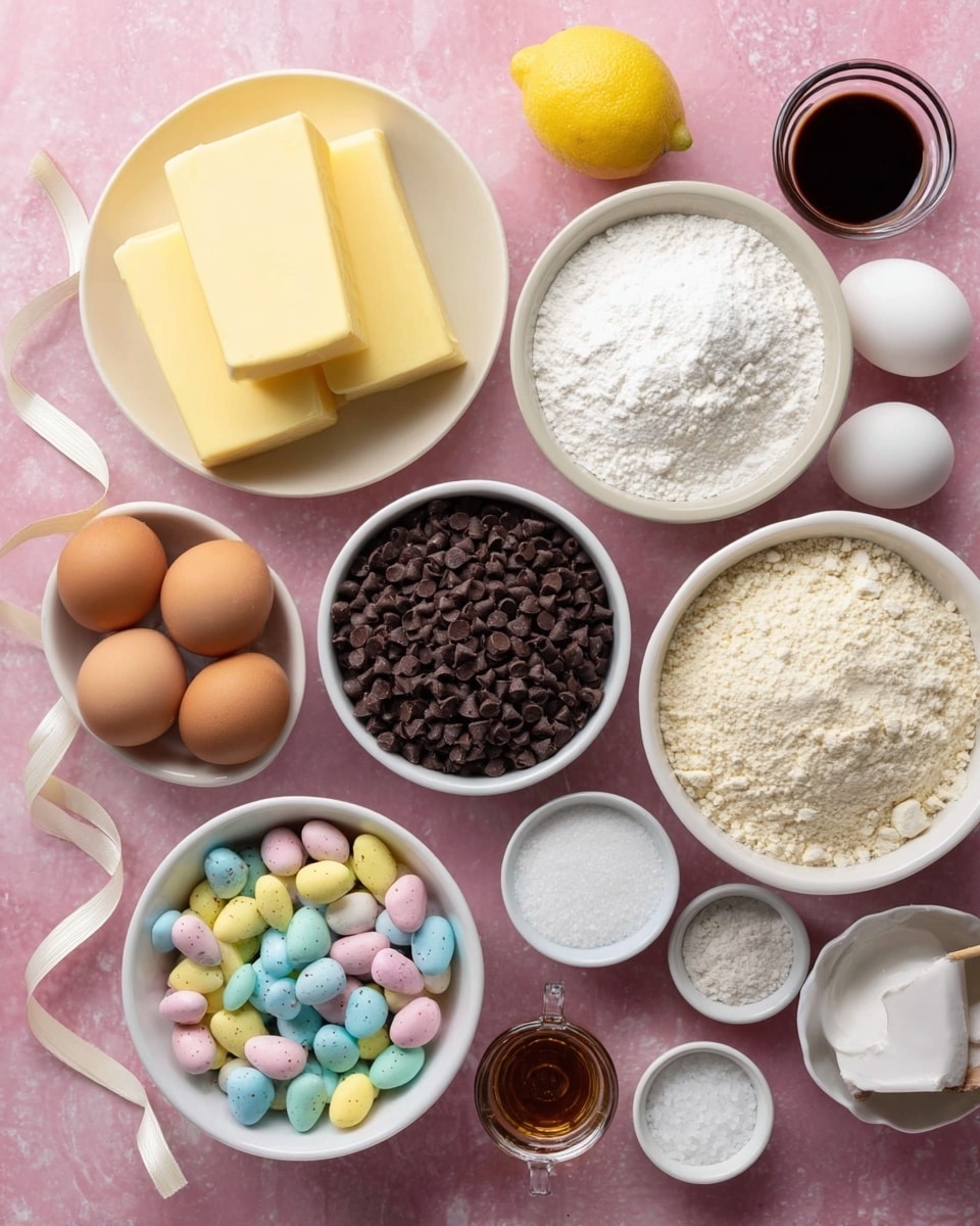 A top-down view of various baking ingredients neatly arranged on a soft pink surface replaced with white marbled texture. There is a white bowl filled with stacked large yellow blocks of butter, next to a white bowl of white granulated sugar, and another white bowl with light brown sugar. Dark chocolate chips fill a white bowl with a spout, while a larger white bowl holds white flour. Two whole white eggs rest beside this bowl, close to a smaller white bowl filled with crushed chocolate candy-coated eggs in pastel colors. There is also a white bowl of whole pastel-colored candy eggs, a tiny white bowl with salt, a smaller one with baking soda, and a small clear glass container holding dark vanilla extract. A yellow lemon with a white ribbon sits near the top left corner. Photo taken with an iphone --ar 4:5 --v 7