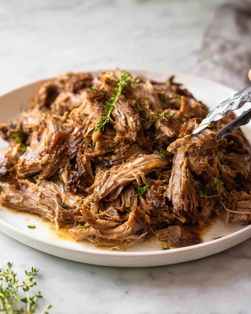 A white plate is filled with shredded brown cooked meat layered loosely, with some pieces showing a slight shine from sauce. The meat looks tender with some darker, crispy edges. Small green herb sprigs decorate the top, adding a fresh touch. A woman's hand with tongs is picking up some meat from the right side of the plate. The plate is placed on a white marbled surface. photo taken with an iphone --ar 4:5 --v 7