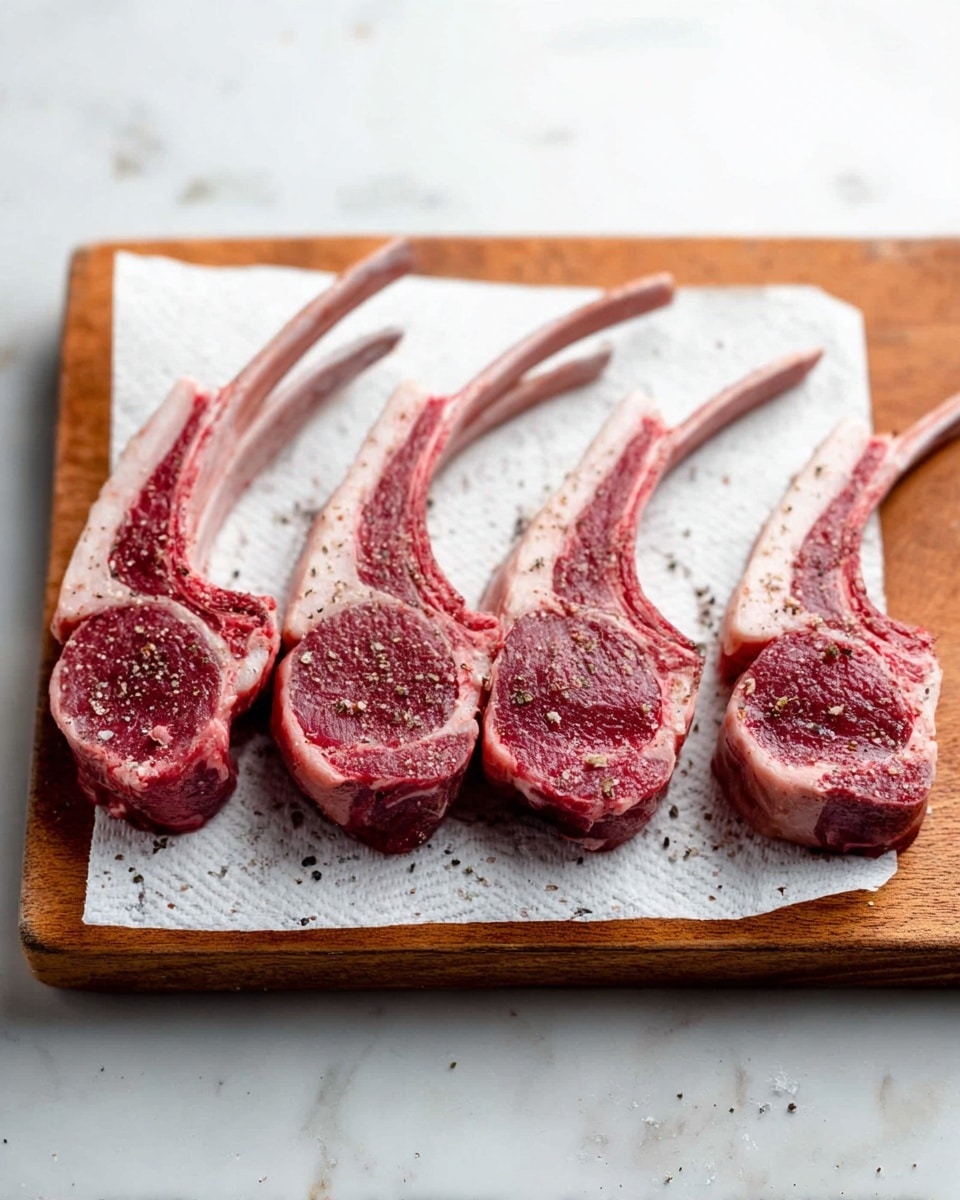 The image shows five raw lamb chops placed in a row on a wooden board. The lamb chops have a rich red color with white marbling of fat around the edges. Each chop has a long bone extending from the meat. They are seasoned lightly with salt and cracked black pepper sprinkled atop the meat. Underneath the chops, there is a white paper towel that covers the wooden board. The board is placed on a white marbled surface. The lighting is soft, highlighting the texture and color of the meat. photo taken with an iphone --ar 4:5 --v 7
