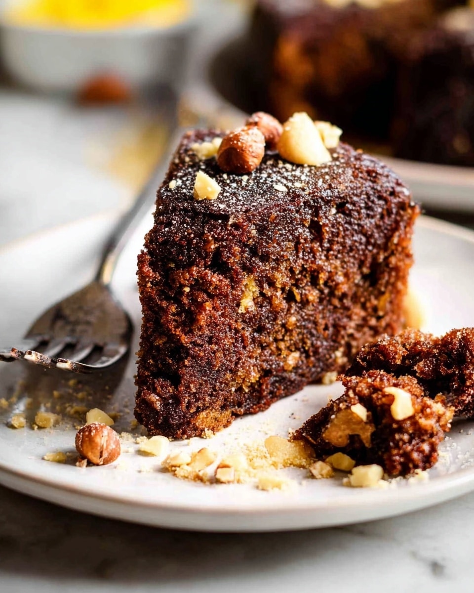 A close-up of a thick, dark brown slice of nut cake on a white plate, showing its dense and moist texture with visible bits inside. The cake has a rough surface with a few chopped nuts sprinkled on top and around it. Pieces of the cake are broken off and scattered near the main slice. A shiny silver fork is placed on the left side of the plate. The background is a white marbled texture with the hint of some yellow food blurred in the distance. photo taken with an iphone --ar 4:5 --v 7