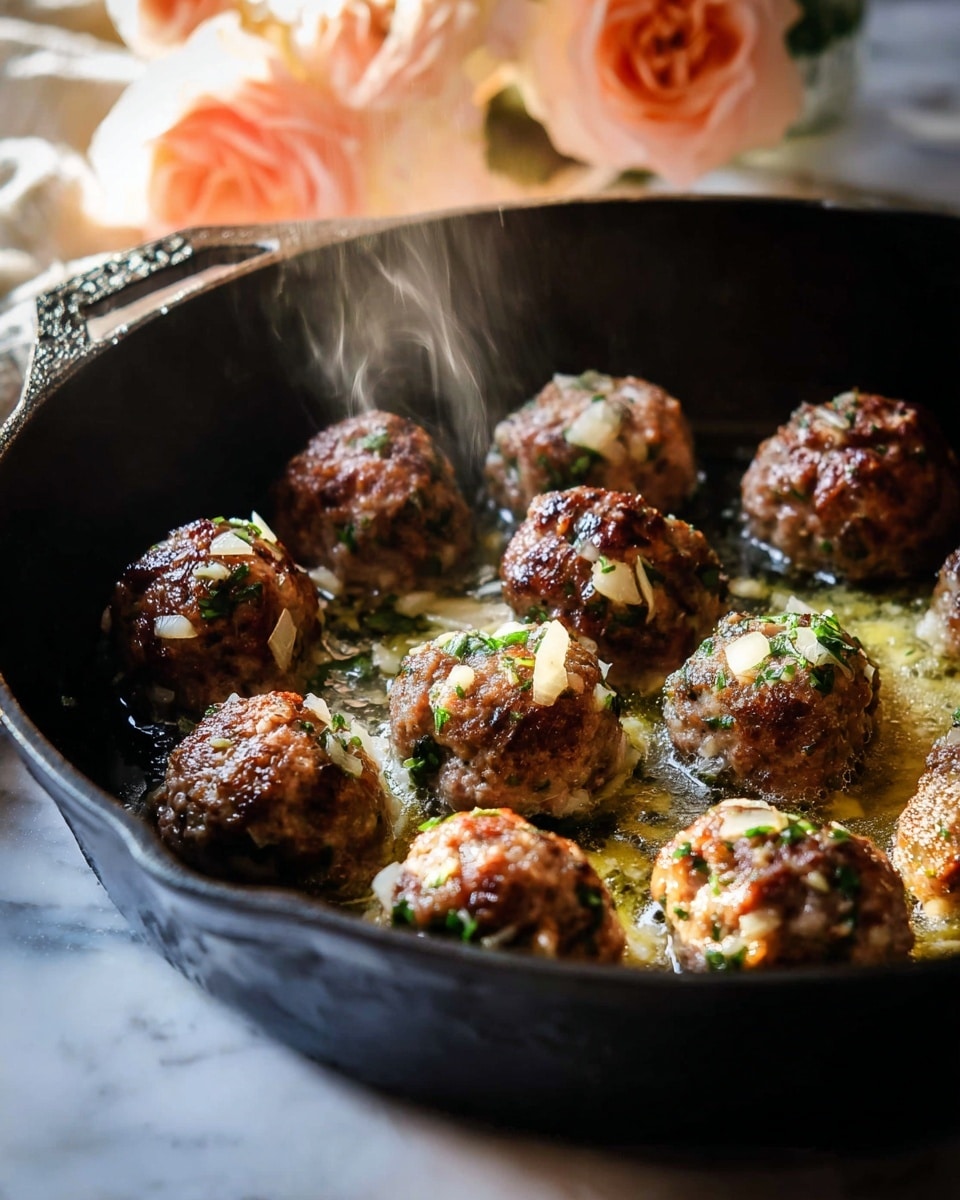 A close-up view of a black cast iron pan holding nine meatballs arranged in a rough circle, each meatball showing a mix of brown cooked meat mixed with white onion pieces and green herbs, with steam rising from the pan and melted butter bubbling around the meatballs. In the background, out of focus, are soft peach-colored flowers, all set on a white marbled surface. photo taken with an iphone --ar 4:5 --v 7