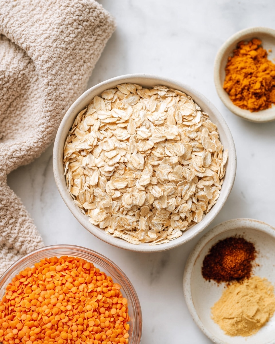 A close top view of a white bowl filled to the top with light beige rolled oats, showing a dry and flaky texture. Below and to the left, a small clear glass bowl holds bright orange lentils with a smooth, matte finish. To the right of the lentils, a shallow white bowl contains three piles of ground spices: one dark orange powder, one medium brown powder, and one pale yellow paste, each with a fine texture. All bowls are placed on a white marbled surface with a soft, knitted beige cloth partially visible in the top left corner. photo taken with an iphone --ar 4:5 --v 7