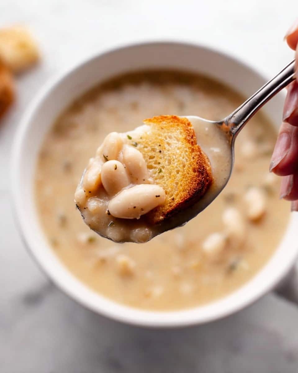 A close-up image shows a white bowl filled with creamy white bean soup placed on a white marbled surface. A spoon is lifted above the bowl and held by a woman's hand, showing a spoonful of the soup. The spoon contains a piece of golden-brown toasted bread, several white beans, and the thick, pale beige soup, which has a smooth texture with some small bits. The background is softly blurred, focusing on the spoon and the bowl’s contents. Photo taken with an iphone --ar 4:5 --v 7