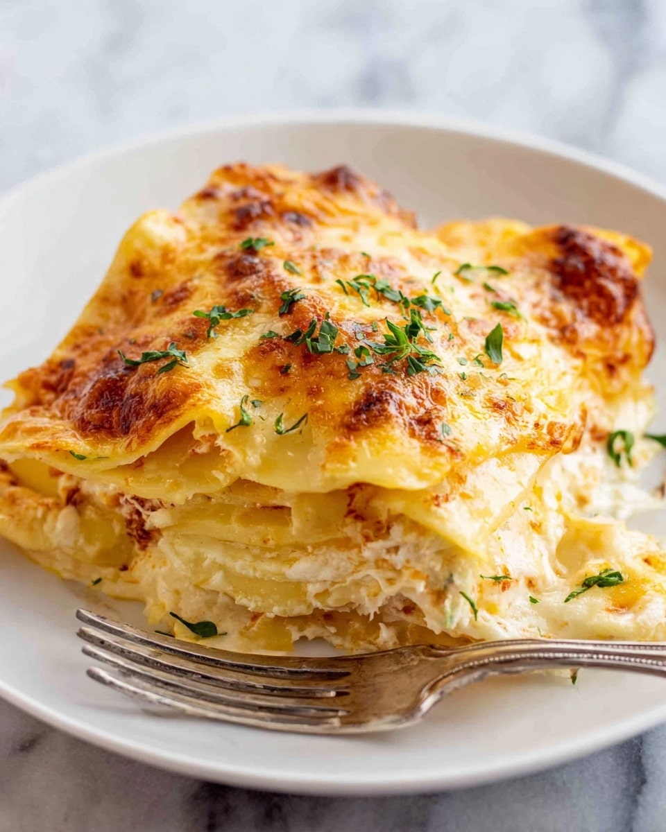 A white plate holds a layered dish with about three visible layers of thin, creamy pasta sheets covered in a rich, golden-brown melted cheese topping that looks slightly crispy in spots. The pasta layers are light yellow with a smooth texture, and small green herbs are sprinkled on top and within the layers. A silver fork rests against the edge of the plate, and the background is a white marbled surface. Photo taken with an iphone --ar 4:5 --v 7