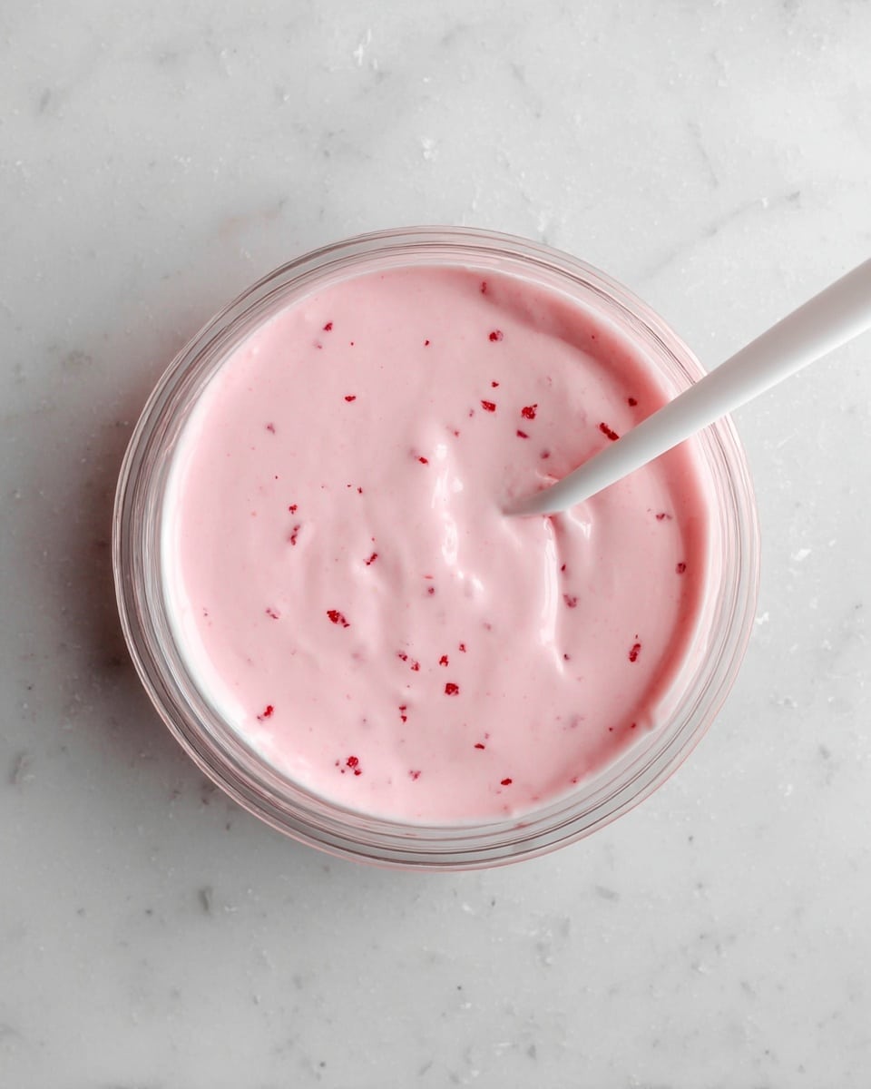 A clear glass bowl holds a smooth, pale pink creamy mixture with small red pieces spread throughout, giving it a speckled look. A white spoon is partially dipped into the mixture, resting inside the bowl. The bowl sits on a white marbled surface that adds a subtle texture to the background. photo taken with an iphone --ar 4:5 --v 7