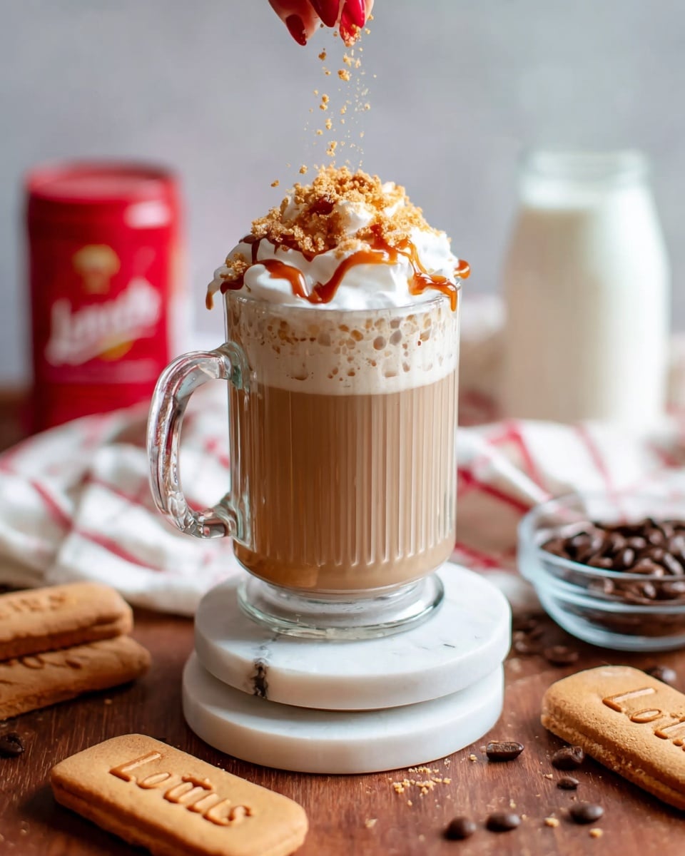 A clear ribbed glass mug filled with a light brown creamy drink sits on two stacked round white marble coasters on a wooden surface. The drink has a thick layer of white whipped cream on top, drizzled with caramel sauce that slightly drips down the rim. Crushed cookie crumbs are being sprinkled from above by a woman's hand with red nail polish. Around the mug, there are two rectangular caramel-colored cookies with