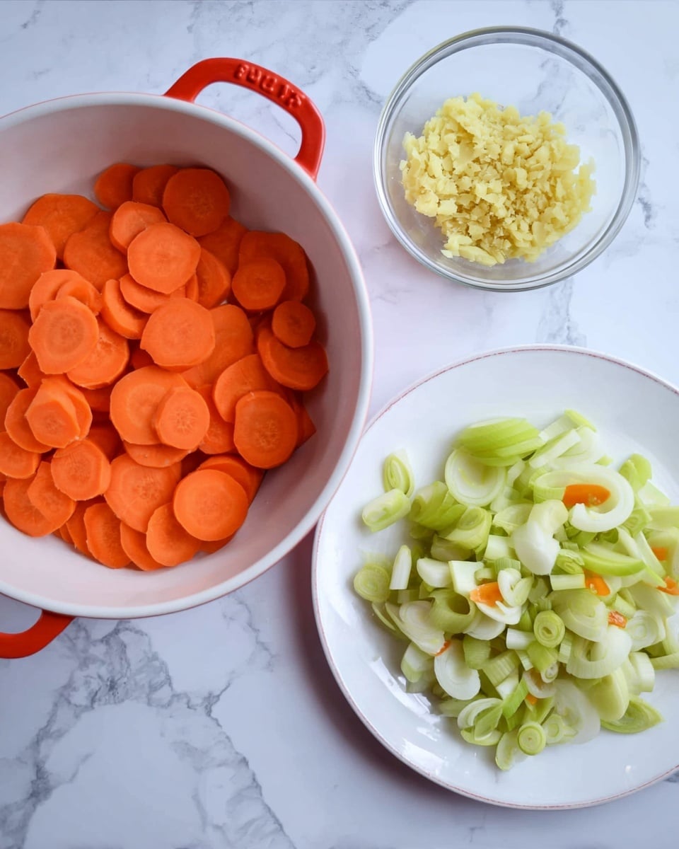 The image shows three containers arranged on a white marbled surface. The largest container is a white bowl with a red handle, filled with many bright orange carrot slices, each showing a smooth texture and circular shape, placed at the left side of the image. To the right of this bowl is a white plate holding chopped light green and pale yellow leek pieces with curved shapes and some layering visible. Above the plate, there is a small transparent glass bowl filled with finely minced pale yellow ginger. The colors in the containers contrast well against the white marble background. photo taken with an iphone --ar 4:5 --v 7