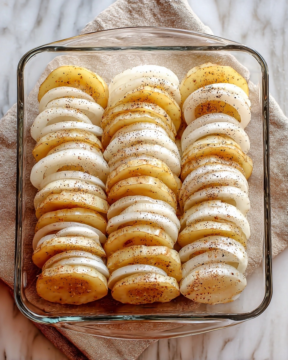 The image shows a clear glass square dish filled with neatly arranged layers of thin potato slices and white onion rings placed upright in rows. The potato slices are light yellow with some skin left on the edges, alternating with translucent white onion slices, creating a striped effect in each row. There are four rows of these alternating slices, sprinkled evenly with black pepper seasoning on top. The dish is placed on a beige cloth on a white marbled surface. Photo taken with an iphone --ar 4:5 --v 7