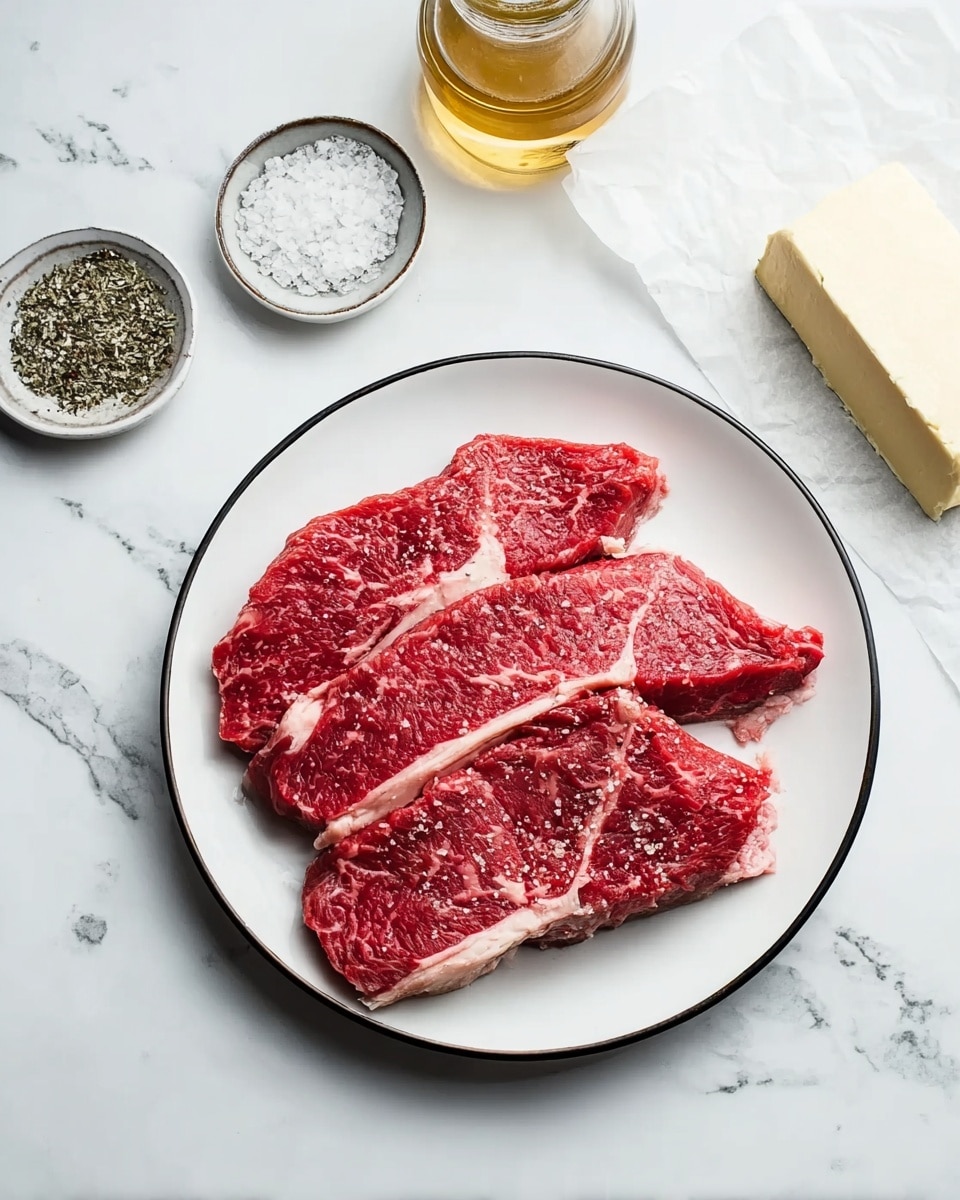A white plate with a black rim holds four raw beef slices, arranged in a slightly overlapping row. The beef is bright red with visible white marbling and some fat along the edges. To the top left of the plate, there is a small round dish with coarse salt and black pepper. Behind that dish is a clear glass bottle with a golden-colored liquid inside. To the top right of the plate, there is a block of herb butter resting on white parchment paper. All items are placed on a white marbled surface. photo taken with an iphone --ar 4:5 --v 7