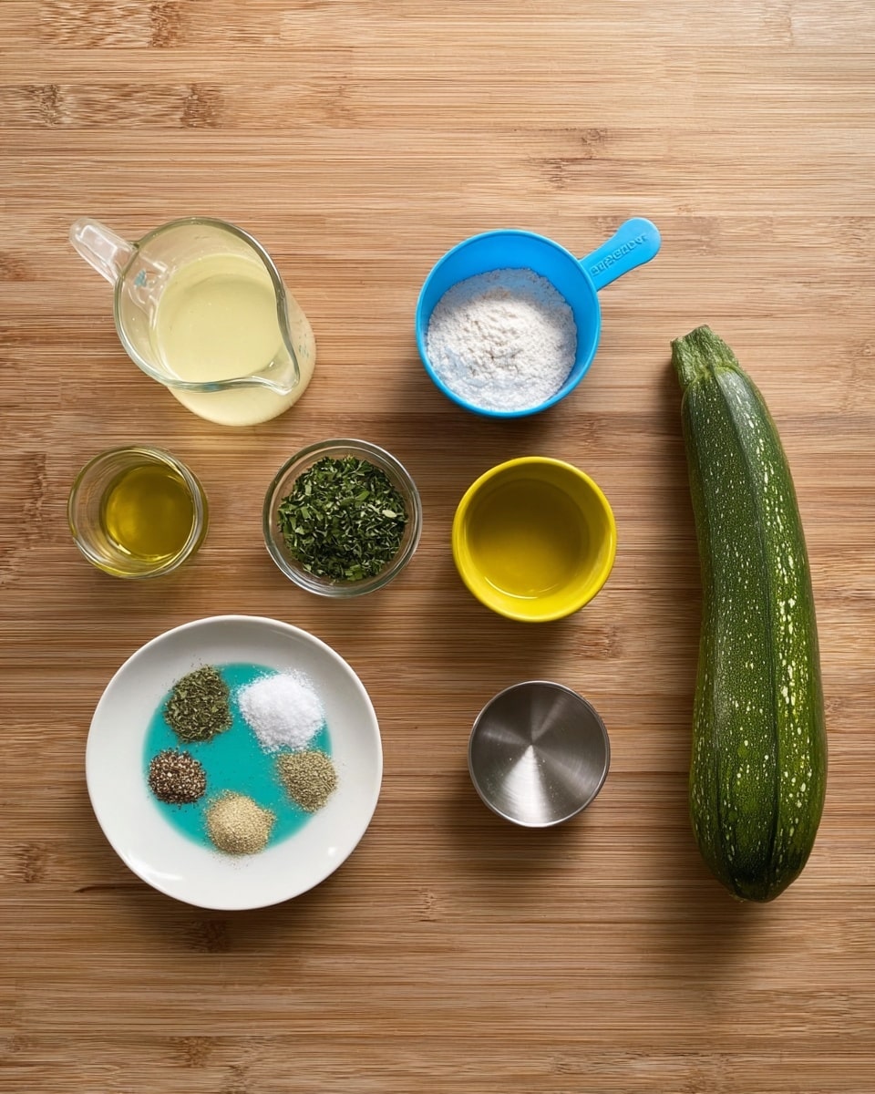 The image shows seven ingredients arranged in a row on a light brown wooden surface. On the far left, there is a small clear glass pitcher with light yellow liquid. Next to it is a blue plastic measuring cup filled with a white powder. Beside that is a small, round, clear bowl with some salt inside. To the right of the bowl, there is a small yellow bowl holding chopped green herbs. Next, a small silver metal cup with clear yellow oil is placed. Then there is a white plate with a turquoise center holding five different spices arranged in small piles: salt, black pepper, dried herbs, and two other powders in shades of beige and green. Finally, on the far right side, a whole green zucchini rests shiny and fresh. The photo taken with an iphone --ar 4:5 --v 7