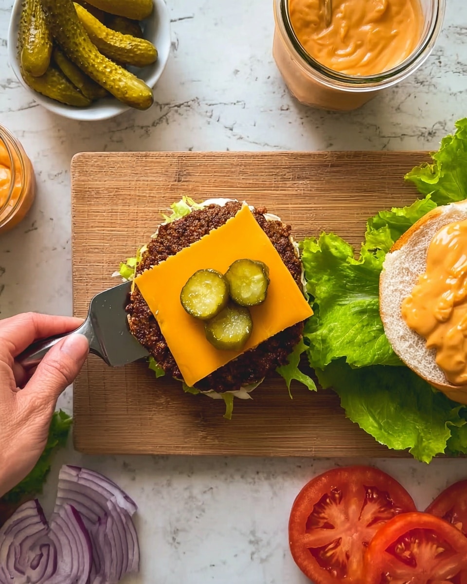 A woman's hand is holding a spatula under a burger patty that is dark brown and slightly crispy. On top of the patty is a bright orange square slice of cheese with three green crinkle-sliced pickle slices on it. To the right, a white bun top has an orange sauce spread on it. On the wooden white marbled surface around the burger are slices of red onion, a small glass bowl of orange sauce, torn green lettuce, a white plate with tomato halves, and a small white bowl with more pickle slices. Photo taken with an iphone --ar 4:5 --v 7