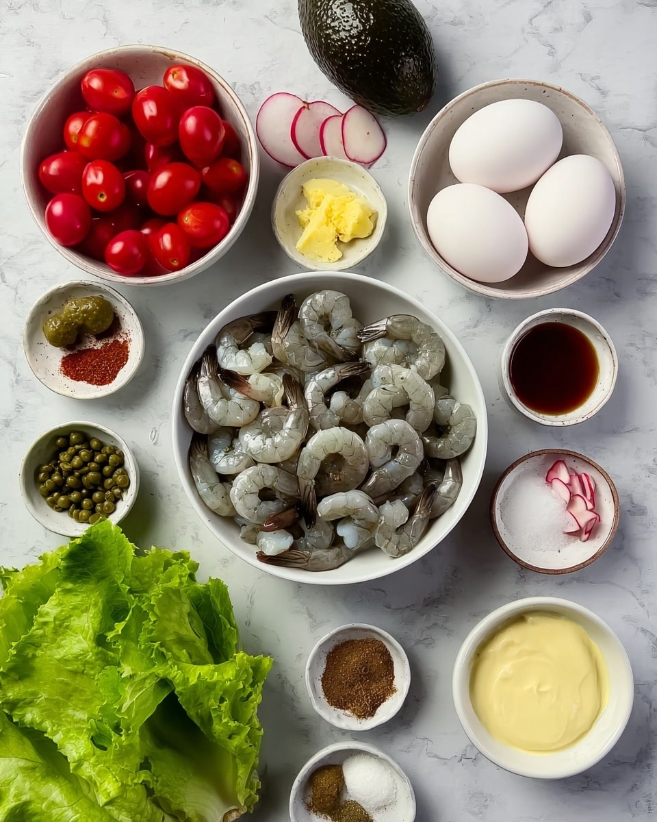The image shows a white bowl in the center filled with raw shrimp that have a greyish color and curled shape. Around the bowl are small white dishes holding various ingredients: cherry tomatoes with bright red smooth skin, radishes with red and white colors, green capers, a piece of yellow butter, minced garlic, light yellow lemon juice, dark brown sauce, and several small piles of different spices in shades of brown, white, and red. There is also a whole dark green avocado, fresh bright green butter lettuce leaves, three white eggs in a white bowl, and a white bowl containing a creamy pale yellow sauce. All items are placed on a white marbled surface, creating a clean and organized look photo taken with an iphone --ar 4:5 --v 7