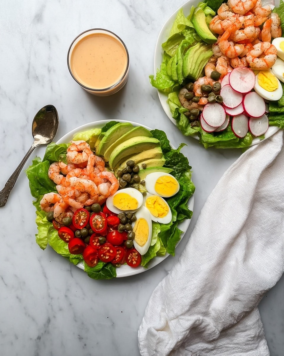 The image shows two white plates of shrimp salad placed on a white marbled surface. Each plate has a base layer of bright green lettuce leaves arranged to cover the plate. On top, one section has peeled cooked shrimp with a light orange color, next to it is a slice of pale green avocado. Another section holds three halves of hard-boiled egg with bright yellow yolks, and sliced radishes with red skin and white inside. There are also halved red cherry tomatoes and small dark green capers scattered over the salad for texture. A glass of creamy dressing with a light orange color sits between the plates. A silver spoon is placed near the top left plate, and a white cloth is casually draped on the right side photo taken with an iphone --ar 4:5 --v 7