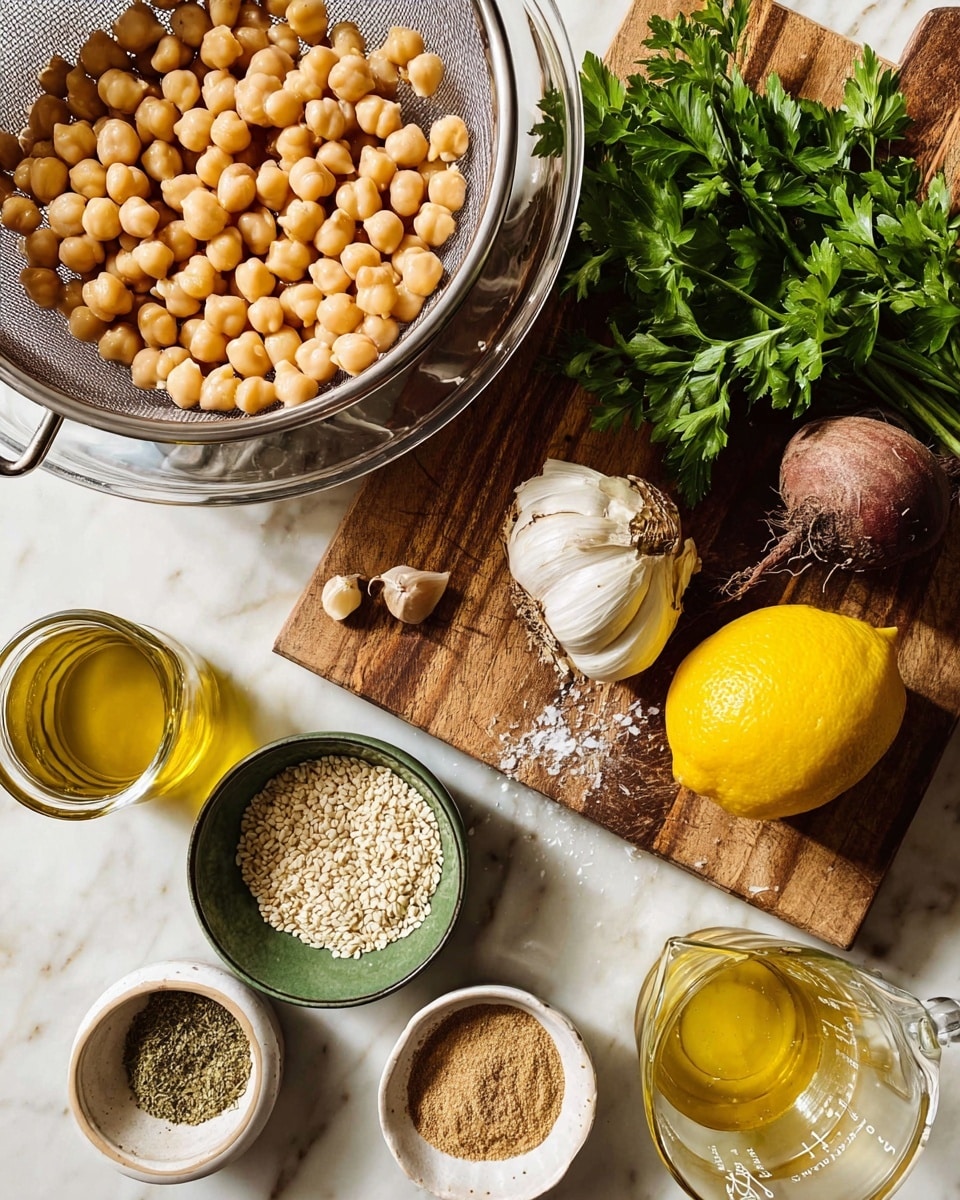 A top-down view of cooking ingredients arranged on a white marbled surface with a wooden cutting board near the top. In the center-left, a metal colander holds beige chickpeas. On the wooden board at the top, there is a clear glass bowl with fresh green parsley leaves, a whole dark brown beet, and a bright yellow lemon next to a white garlic bulb with some loose garlic cloves nearby. Below, there are three small bowls: one green bowl with white sesame seeds, one white bowl with a greenish-yellow powdered spice, and a small clear jar with light brown ground spice. A clear glass measuring cup with yellow liquid is placed at the bottom right. A clear glass bottle with some golden oil is at the top left on the wooden board. The image has natural light and a clean, fresh look. photo taken with an iphone --ar 4:5 --v 7