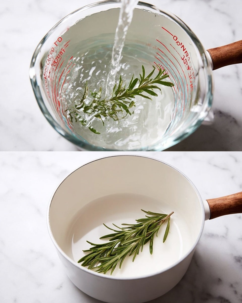 A white pot with a wooden handle sits on a white marbled surface, containing a single green rosemary sprig lying flat at the bottom. In the next view, clear water is being poured into the pot from a glass measuring cup marked with red measurements, the water flowing over the rosemary inside the white pot. photo taken with an iphone --ar 4:5 --v 7