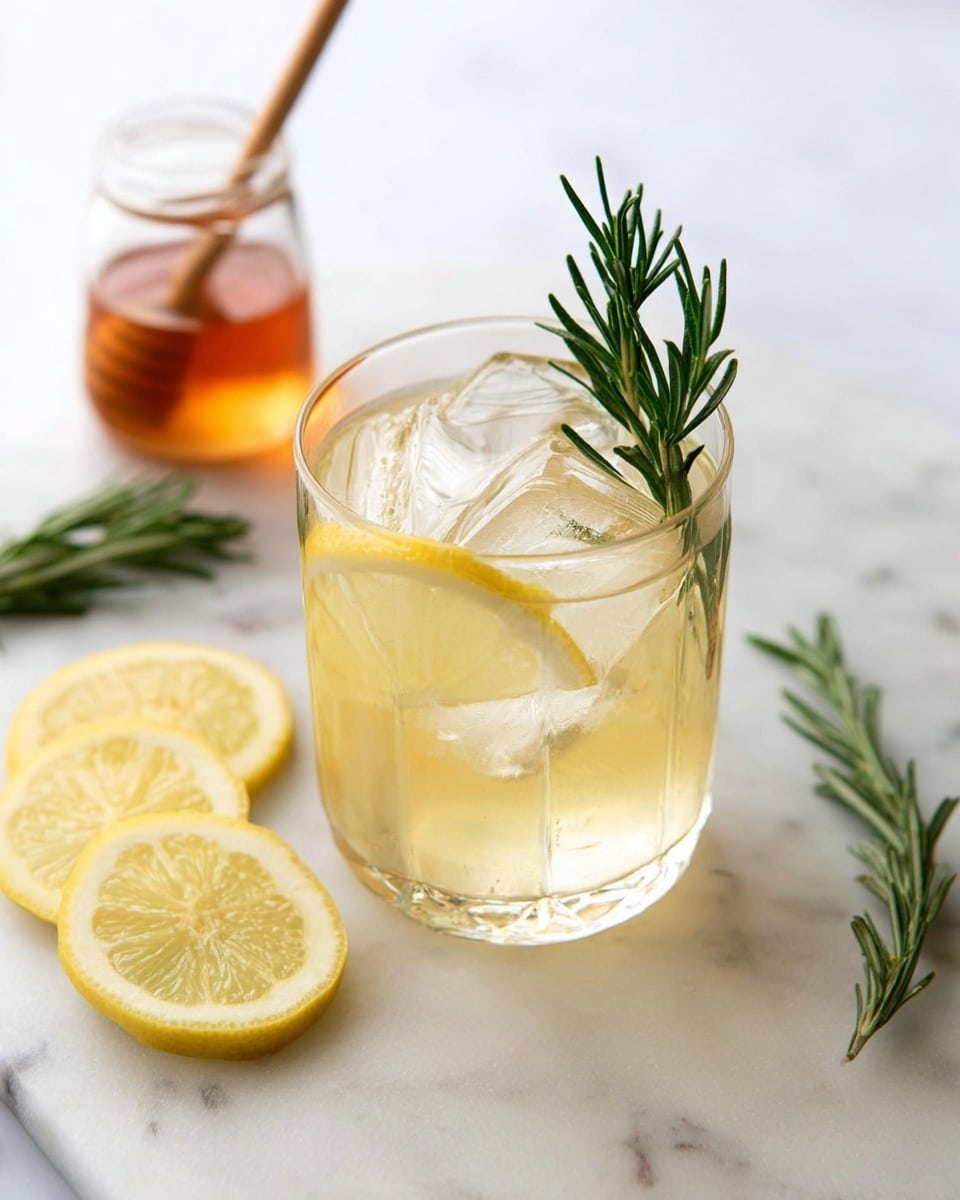 A clear glass filled with a light yellow drink sits on a white marbled surface. Inside the glass, there are two large ice cubes, a lemon slice placed vertically along the side, and two green rosemary sprigs standing upright. Next to the glass on the surface are three lemon slices and a couple of rosemary sprigs. In the background, there is a small clear jar with a light brown liquid and a wooden stir stick inside. photo taken with an iphone --ar 4:5 --v 7