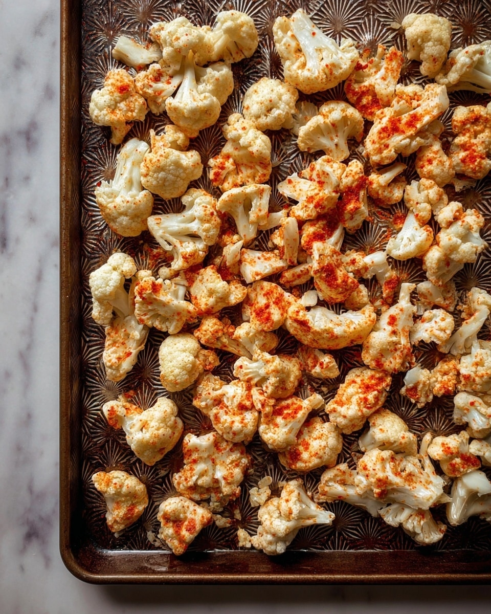 The image shows a large single layer of white cauliflower florets spread out on a dark roasting tray with a textured pattern. The cauliflower is sprinkled unevenly with a reddish-orange spice, adding bursts of color mainly on the top surfaces of the pieces. The florets vary in size, revealing their bumpy textures and some stem parts. The tray is set on a white marbled surface. photo taken with an iphone --ar 4:5 --v 7