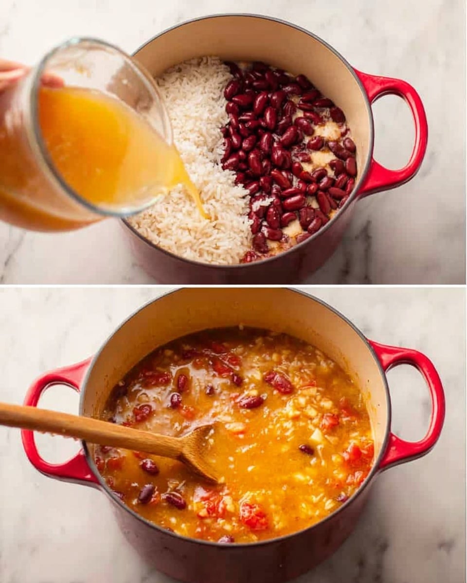 The image shows two views of a red pot on a white marbled surface. In the first view, the pot contains uncooked white rice at the bottom, dark red kidney beans placed on top, and pieces of red tomatoes scattered among the beans. A woman's hand is pouring a golden-yellow broth into the pot. In the second view, the ingredients are mixed and cooked, creating a thick, orange soup with visible soft rice and kidney beans floating in the liquid. A wooden spoon is held inside the pot, stirring the soup. The edges of the pot and the background show the bright white marbled surface. Photo taken with an iphone --ar 4:5 --v 7