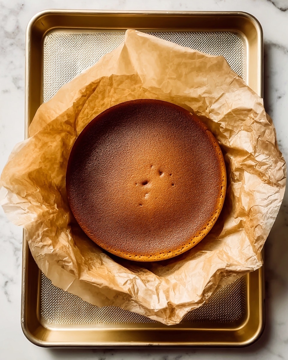 The image shows a single dark brown round cake resting on crumpled light brown parchment paper. The cake has a smooth top with a few small darker spots and a slightly raised edge. The parchment paper wraps loosely around the sides of the cake, creating soft folds. The whole setup sits on a textured golden metal baking tray, and the tray is placed on a white marbled surface. photo taken with an iphone --ar 4:5 --v 7